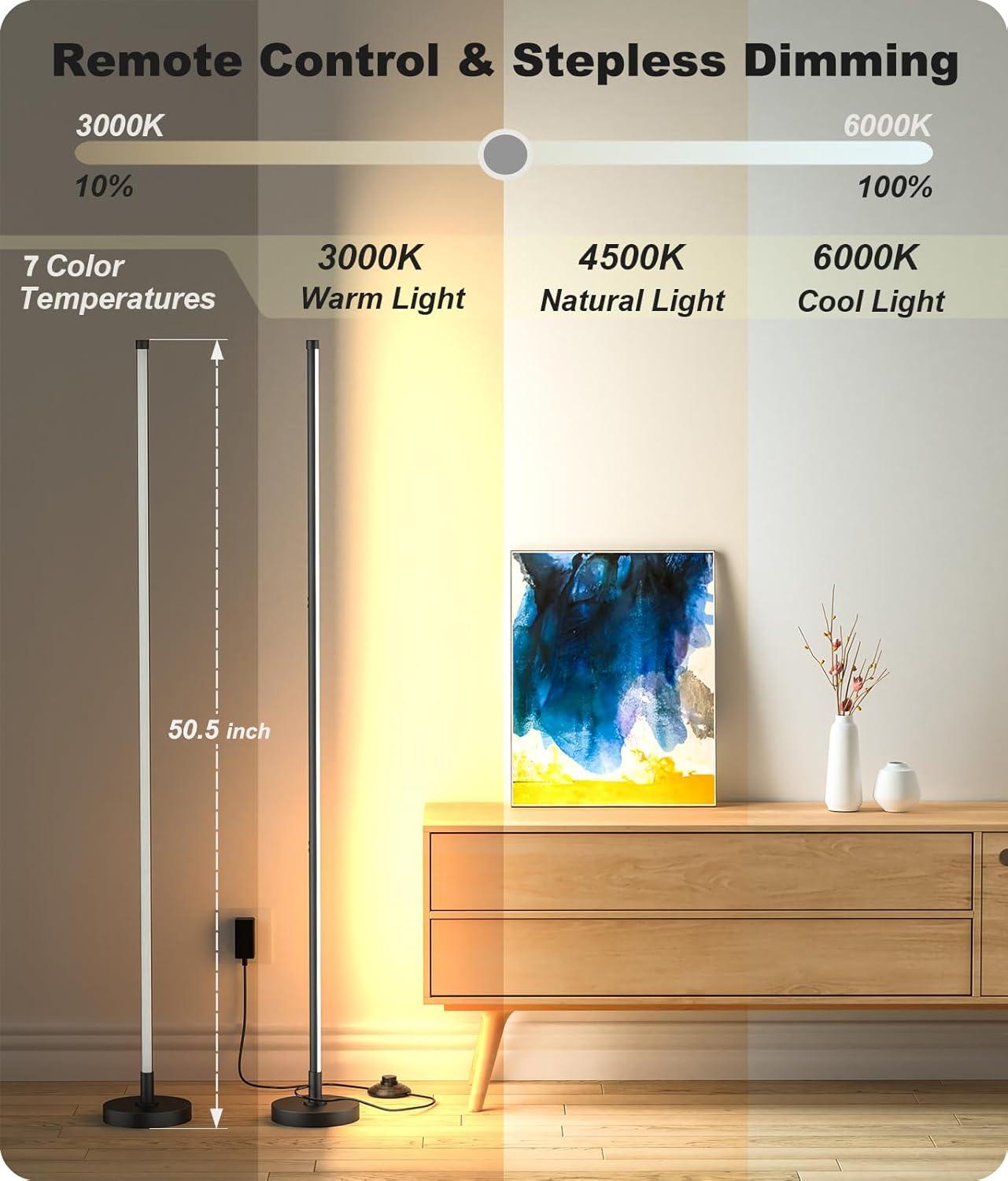 Corner Floor Lamp, Minimalist LED Floor Lamp with Remote Control, Dimmable Corner Light,Floor Lamps for Living Room, Bedroom, Home Office, 7 Color Temperature 3000K-6000K (Black, 1 Pack)