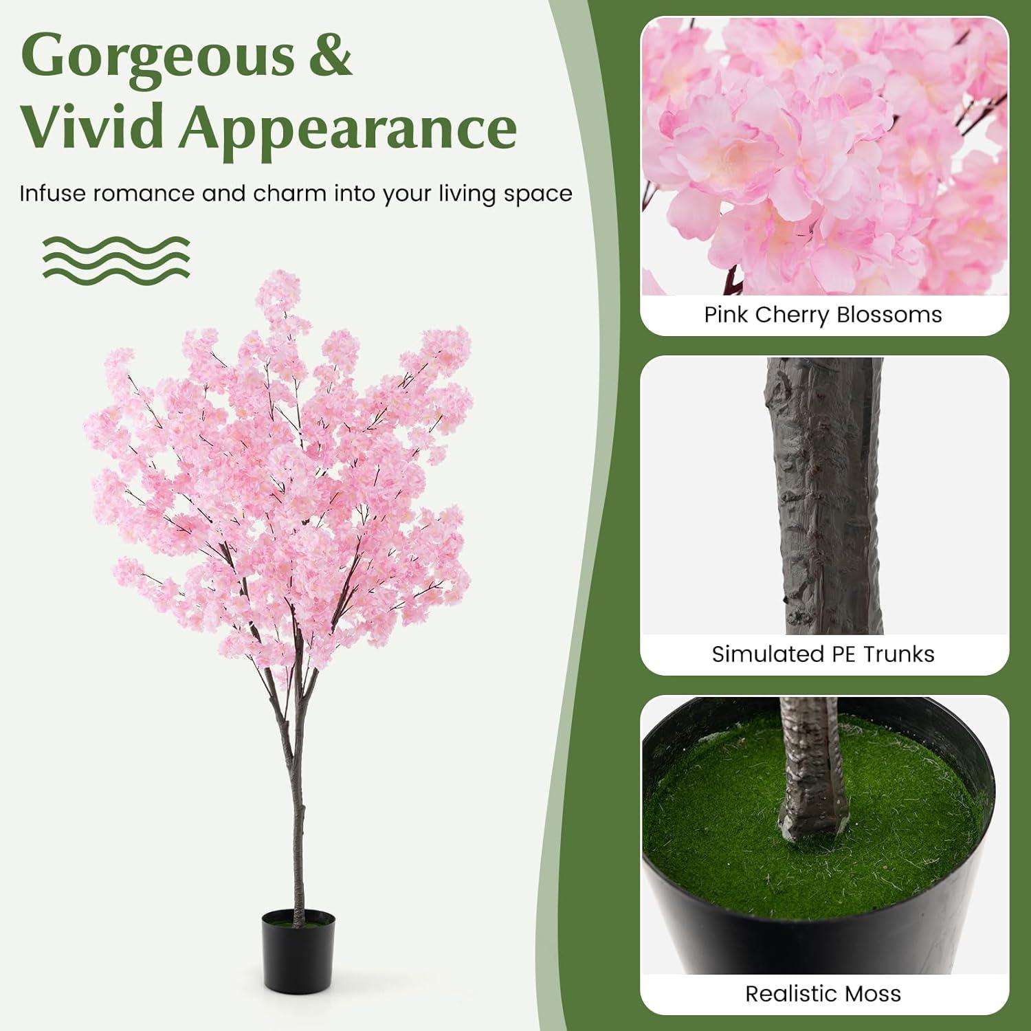 Spaco 6.5 FT Tall Artificial Cherry Blossom Tree with 1170 Pink Flowers, Artificial Cherry Blossom Tree with Stable Structure, Versatile Artificial Cherry Blossom Tree for Indoor and Outdoor, Pink