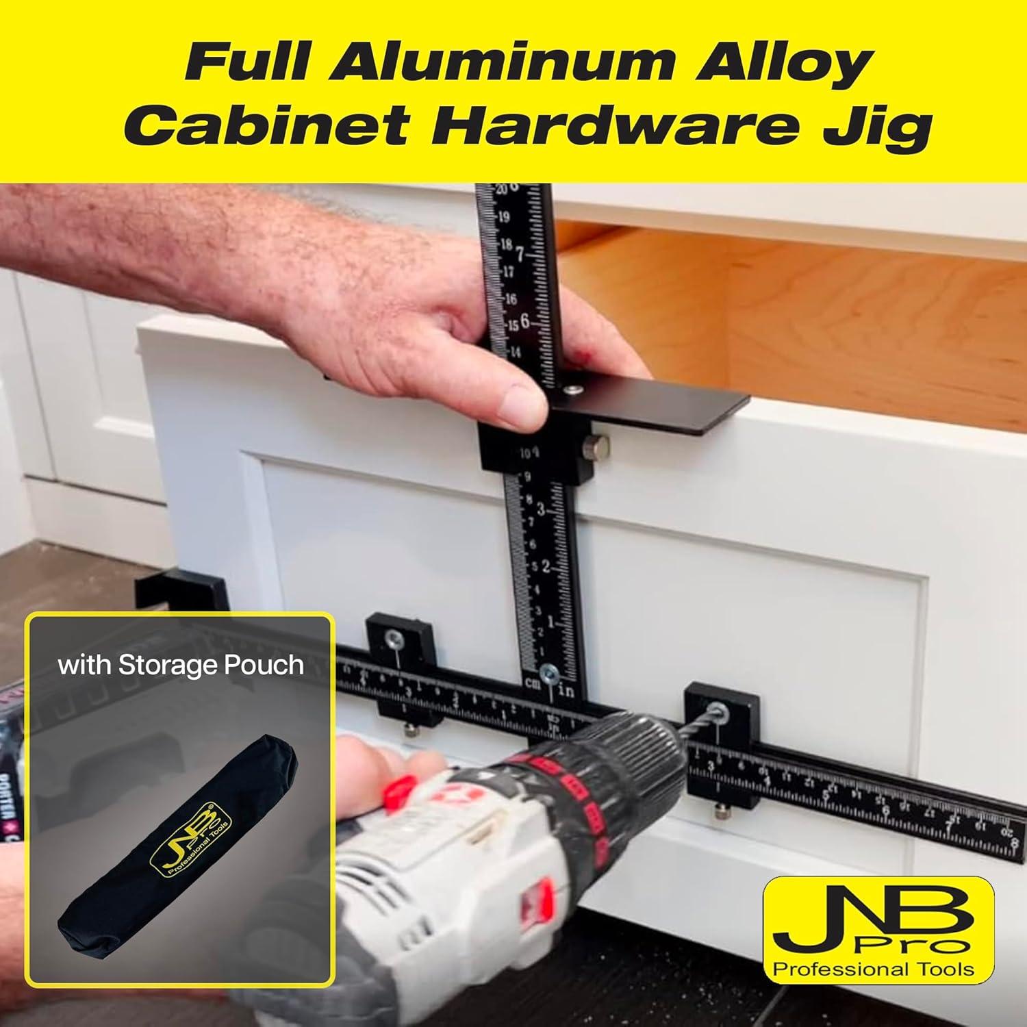 JNB Pro Cabinet Hardware Jig with Center Drill Guide, Hole Drilling for Drawer Handles and Pulls, Easy Install Tool - Full Aluminum Body with Free Carrying Case