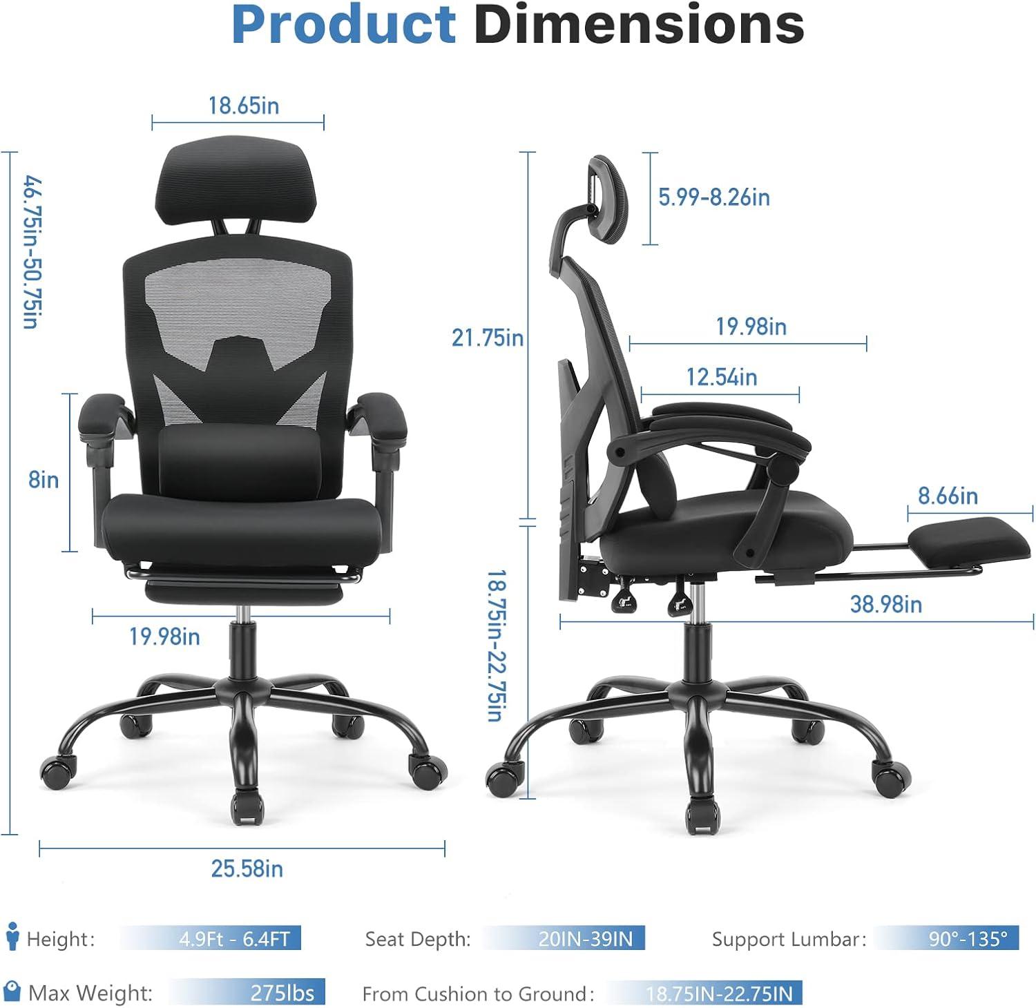 High Back Dark Black Mesh Executive Office Chair with Footrest