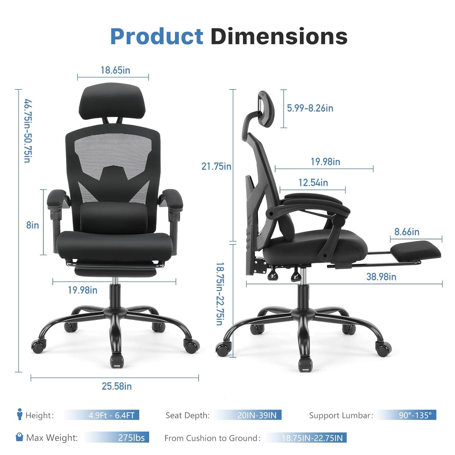 High Back Dark Black Mesh Executive Office Chair with Footrest