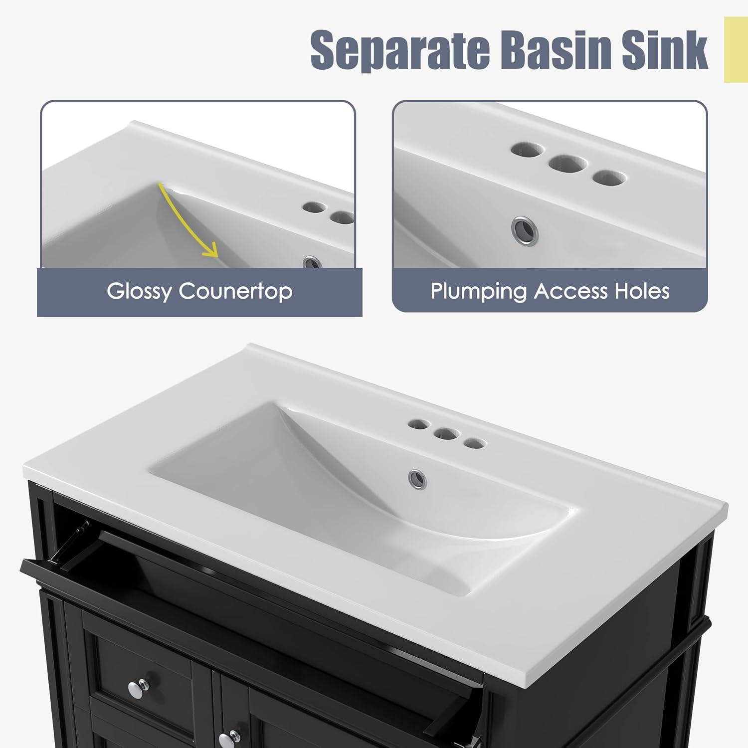 HLILish 30'' Bathroom Vanity With Top Sink, Modern Bathroom Storage Cabinet With 2 Drawers And A Tip-Out Drawer, Single Sink Bathroom Vanity