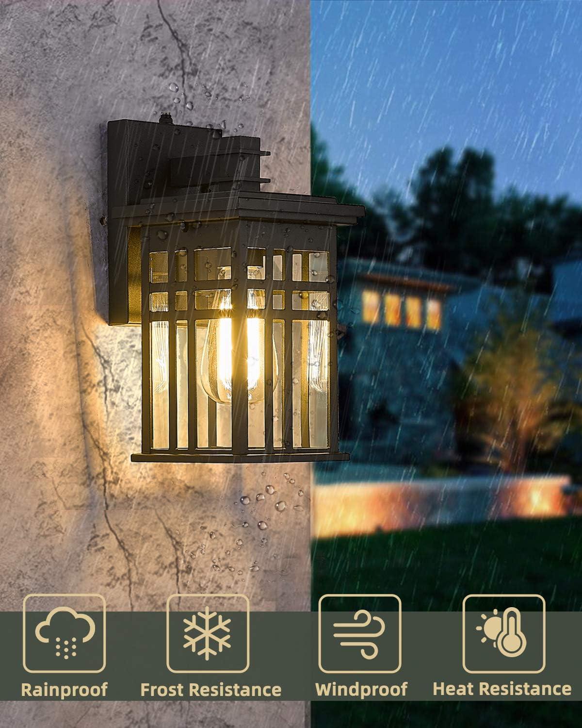 Black Modern Outdoor Wall Lanterns with Tempered Glass Shade, 9.76''