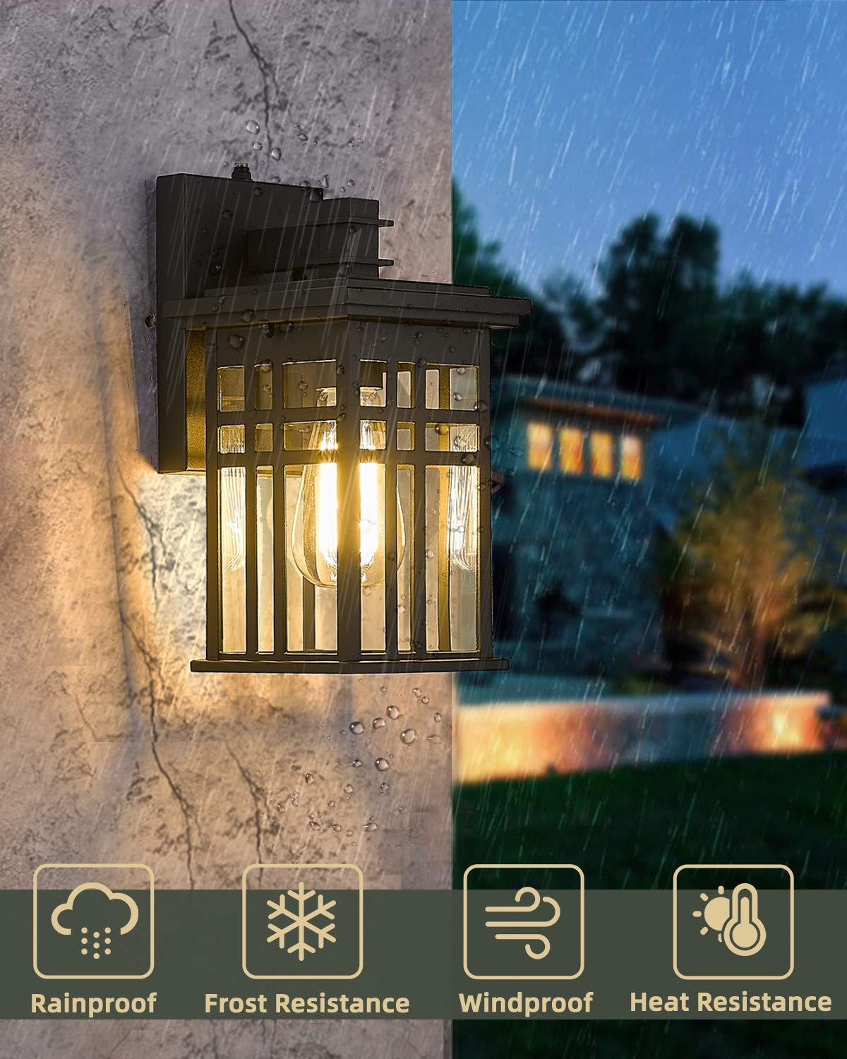 Black Modern Outdoor Wall Lanterns with Tempered Glass Shade, 9.76''