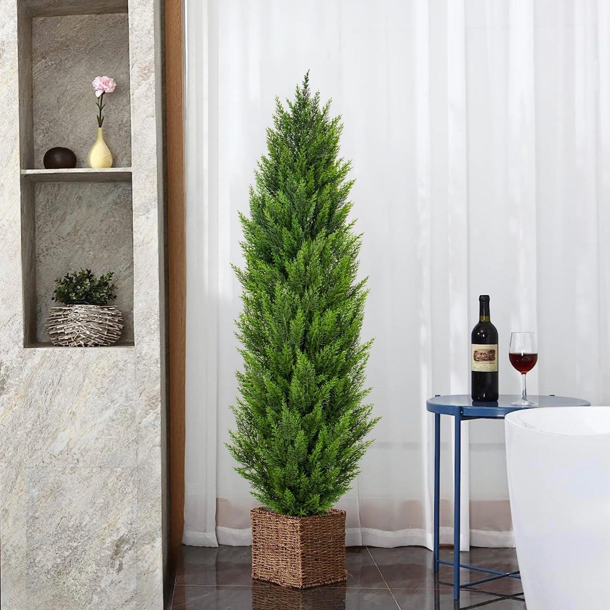 5ft Artificial Cedar Topiary Trees for Outdoors, Fake Cypress Plants with Solar Light String, Faux uv resistant Plants for Home Front Porch Decor, Housewarming Gift