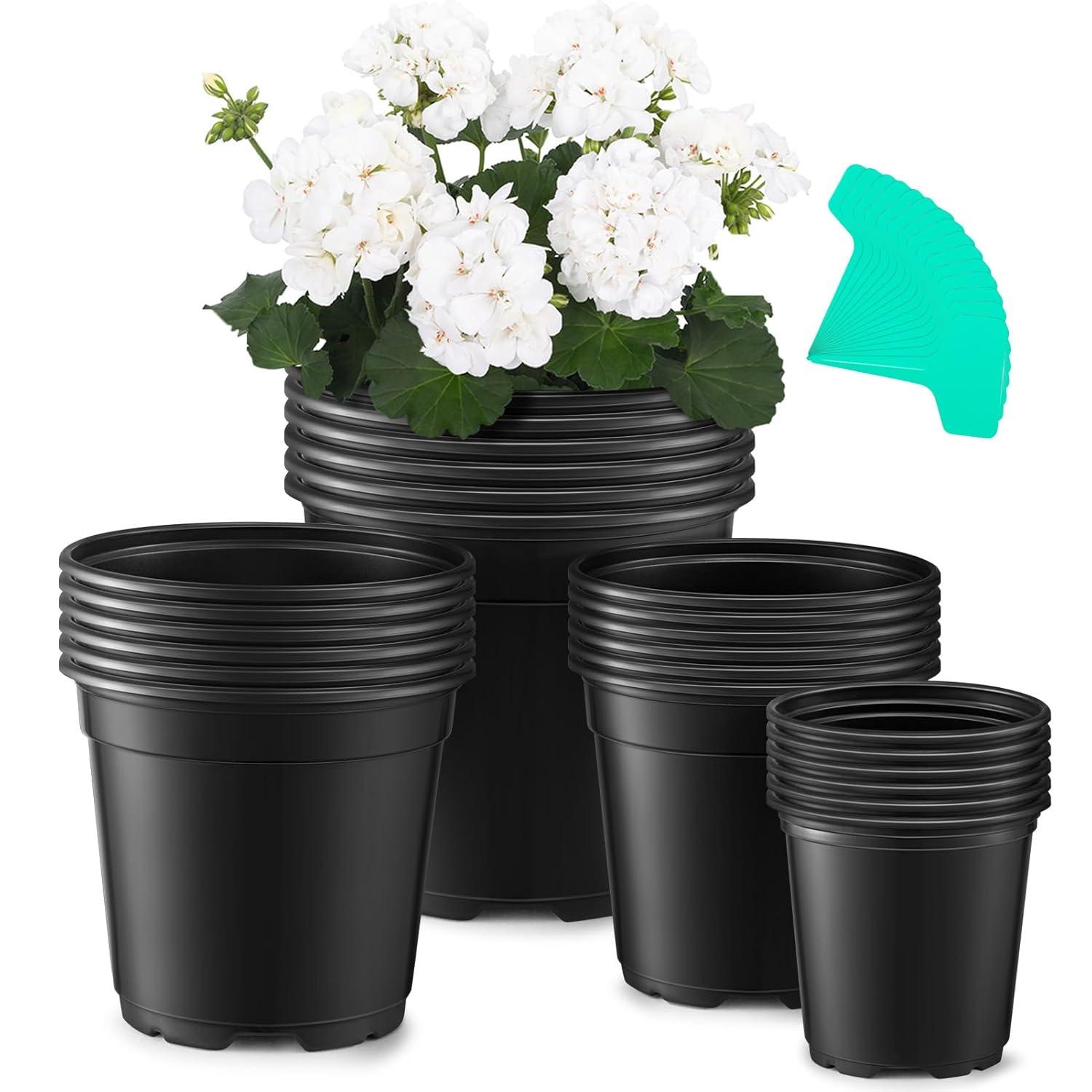 GROWNEER Nursery Pots with Drainage Holes Pack of 24 Pcs 3.5/4.5/5.5/6.5 Inch and Plant Label Flexible Seedling Pots Seed Starting Planter for Indoor Outdoor Flowers Succulents Cactus