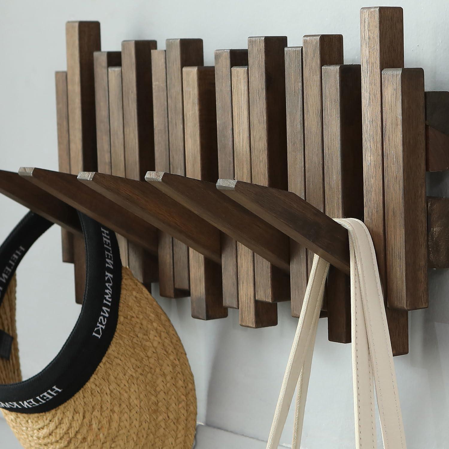 Natural Wood Wall Mounted Piano Coat Rack| Coat Rack Wall Mount| Flip Down Wall Hook Rack 5 Hooks| Entryway Coat Rack,Made of Acacia Wood (Dyed with Wood Wax Oil).Wall Art
