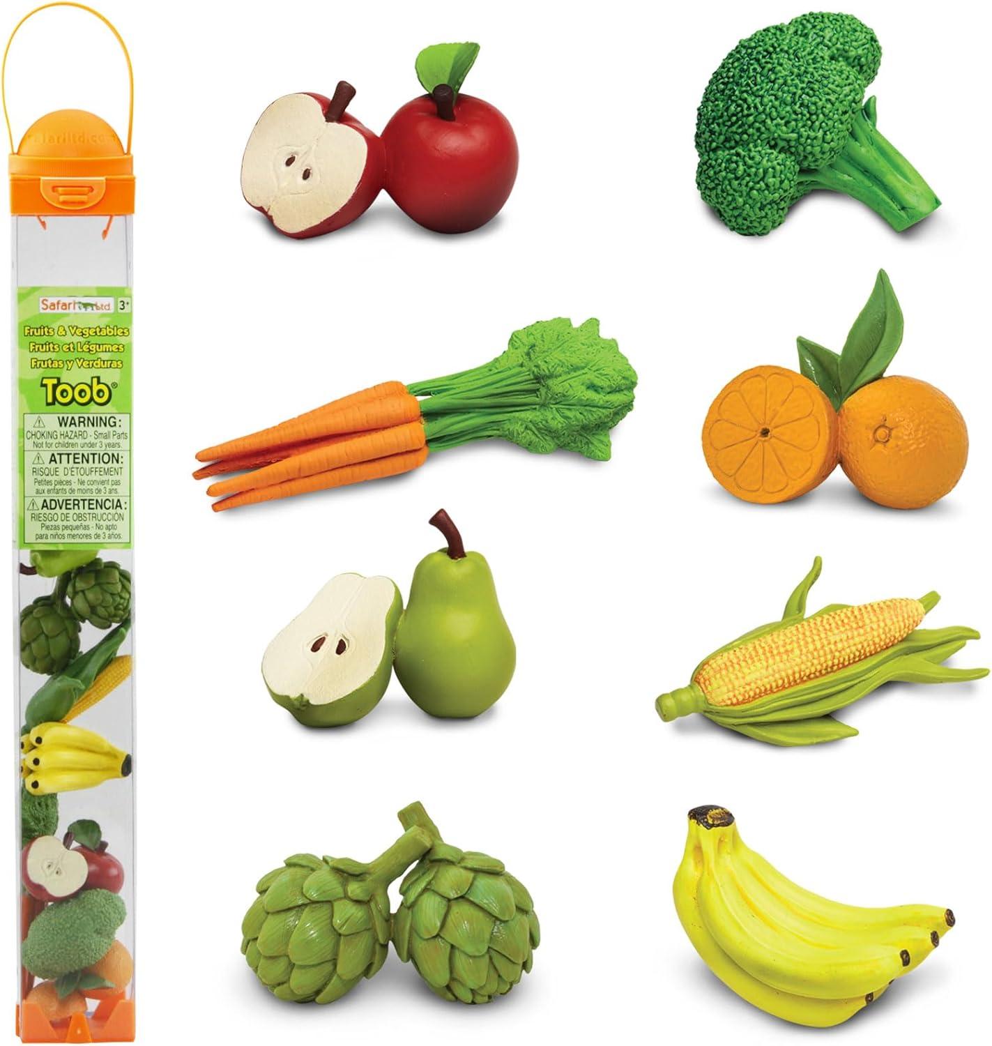 Safari Ltd Fruits & Vegetables TOOB - 8 Mini Figurines including Pears, Oranges, Apples, Artichokes, Carrots, Bananas, Broccoli, and Corn - Educational Toy Figures For Boys, Girls & Kids Ages 3+