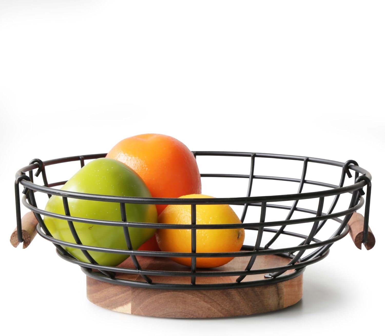 Fruit Basket,black Wire Basket with Acacia Wood Base,large Fruit Bowl for Countertop,black Baskets for Fruits, Breads, Vegetables Storage. (10-inch)