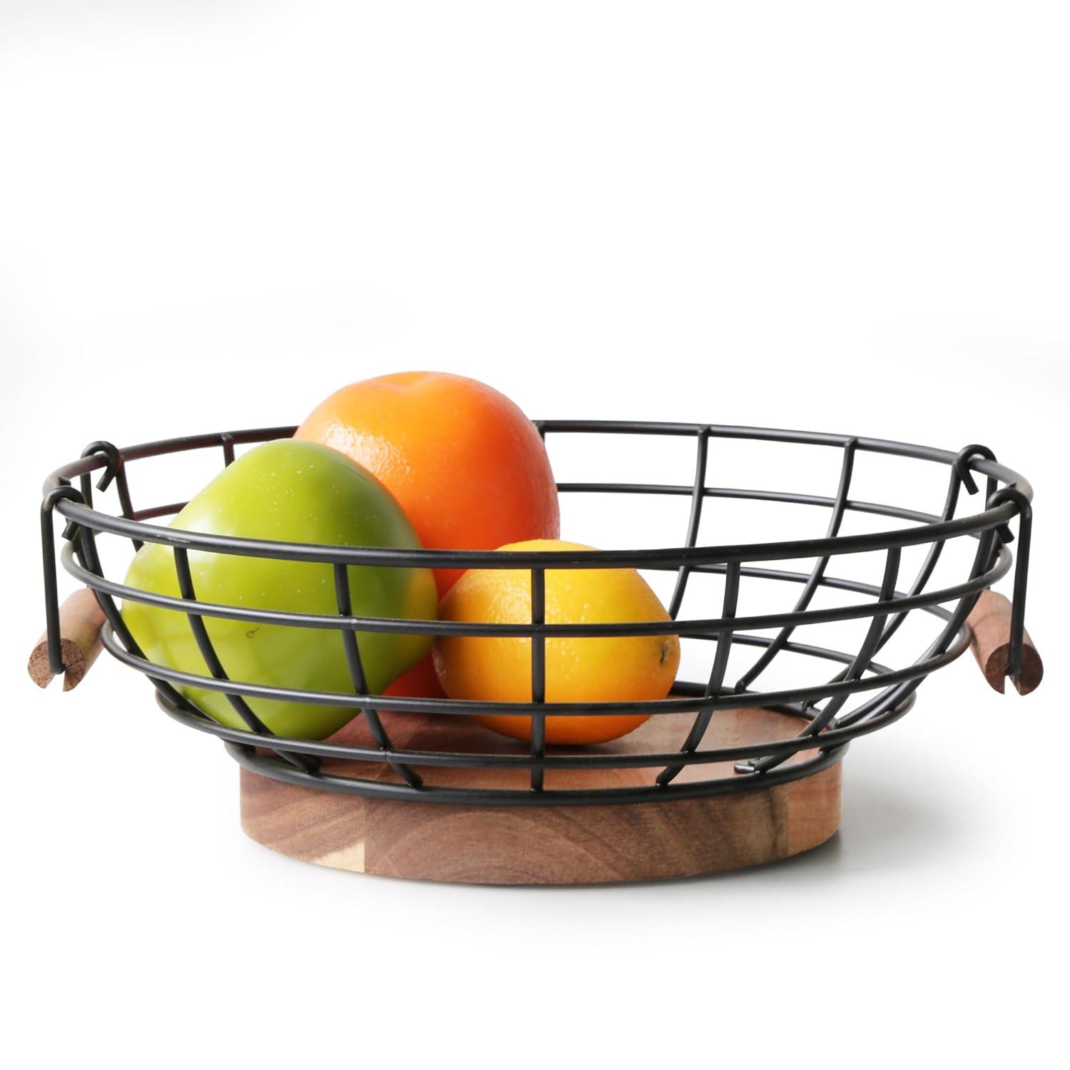 Fruit Basket,black Wire Basket with Acacia Wood Base,large Fruit Bowl for Countertop,black Baskets for Fruits, Breads, Vegetables Storage. (10-inch)