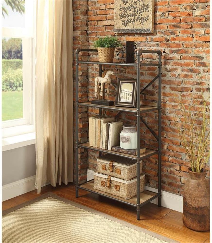 48" Itzel 4 Shelves Bookcase Antique Oak/Sandy Gray - Acme Furniture: Metal Frame, Open Back Design, Home Office Storage