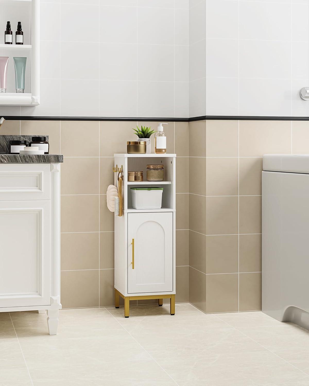 Bathroom Storage Cabinet, Corner Floor Cabinet with Door & Shelves, 2Hooks, Small Narrow Storage Organizer, Toilet Paper Cabinets for Small Space, White SC06313G