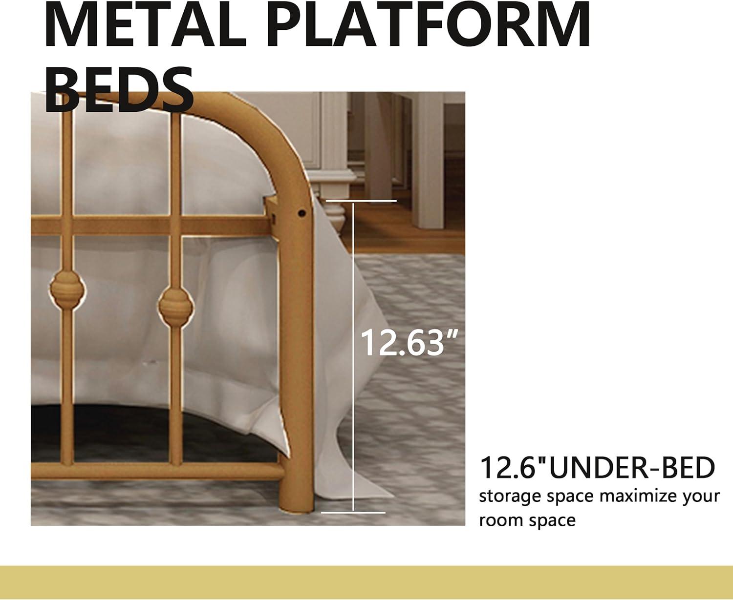 alazyhome Metal Bed Frame Full Size Platform No Box Spring Needed with Vintage Headboard and Footboard Premium Steel Slat Support Mattress Foundation Gold