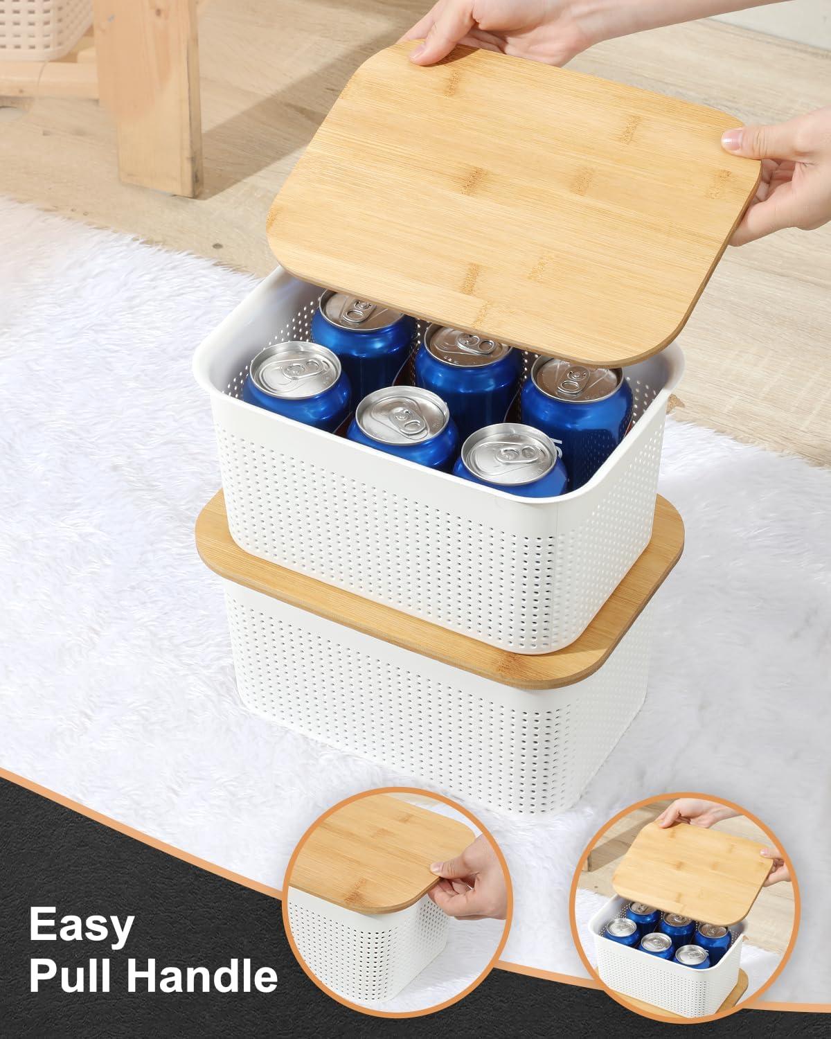 AREYZIN Plastic Storage Bins with Bamboo lids and Stackable Storage Baskets for Shelves Drawers Desktop Closet - Organize Your Home or Office with These Space-Saving Storage Solution,Black