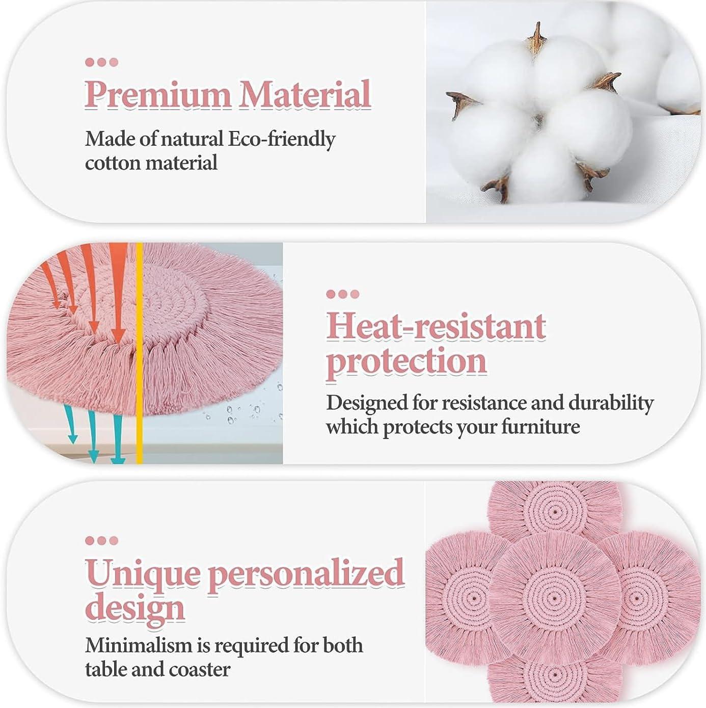 2 Posavasos Bohemios de Macramé para Bebidas, Posavasos Absorbentes con Borla, Posavasos Redondos de Algodón Hechos a Mano de 7 Pulgadas para Mesa de Escritorio, Cocina, Oficina, Hogar, Bar, Protección de Mesa, Regalo de Inauguración de la Casa, Rosa