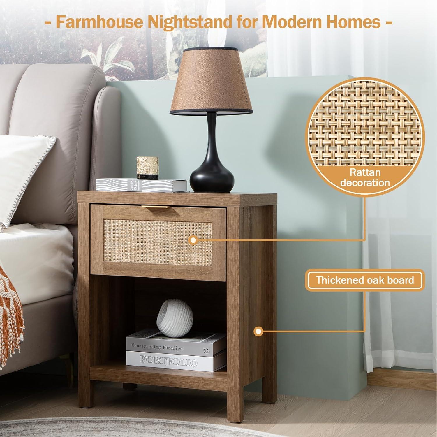 SICOTAS Rattan Nightstands Set of 2 - Farmhouse Night Stand with Drawer and Storage Shelf - Boho Bedside Table End Side Table for Bedroom, Oak