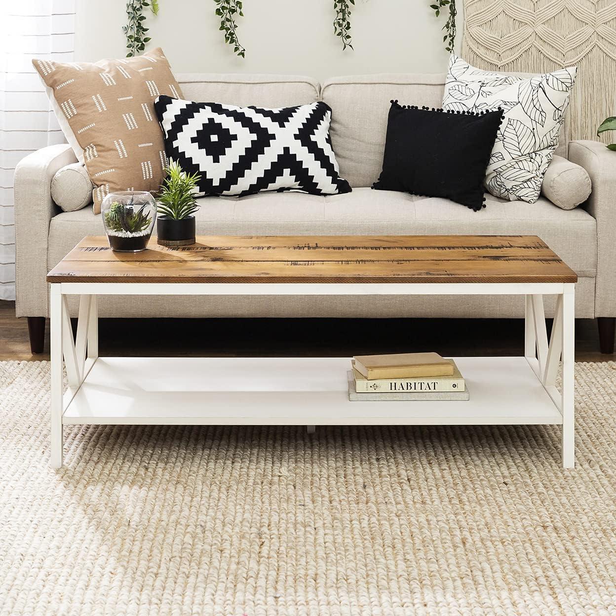 48" Distressed Pine Wood Farmhouse Coffee Table with Shelf