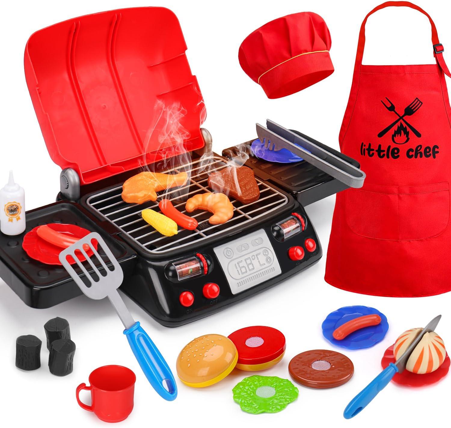 RUVINCE Kids BBQ Grill Playset - Kitchen Toy Grill Set with Smoke & Light