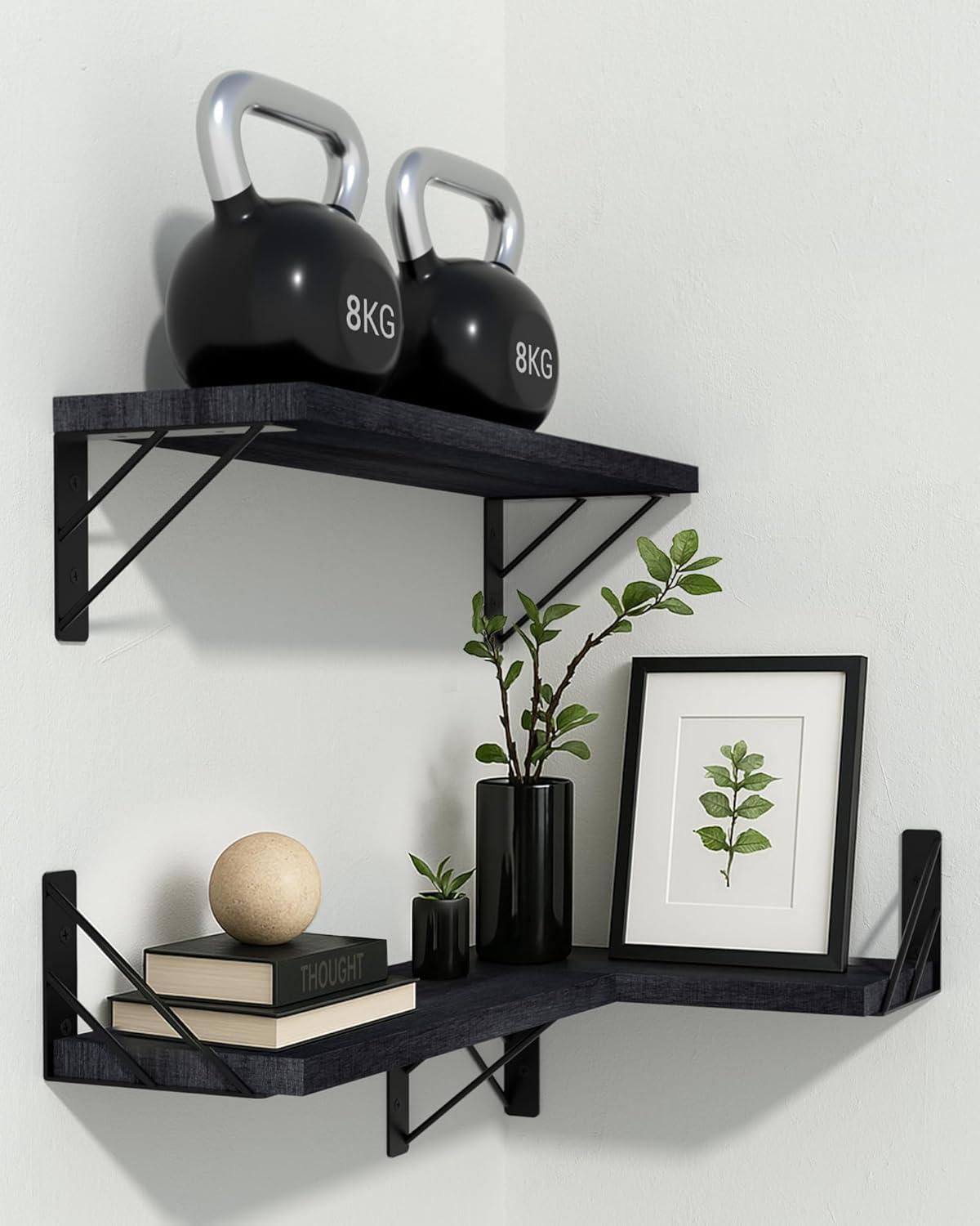 BAYKA Wall Mounted Floating Shelves, Wood Floating Wall Shelf for Books & Decor, Small Space-Saving Display & Organizer（Black，Set of 3）