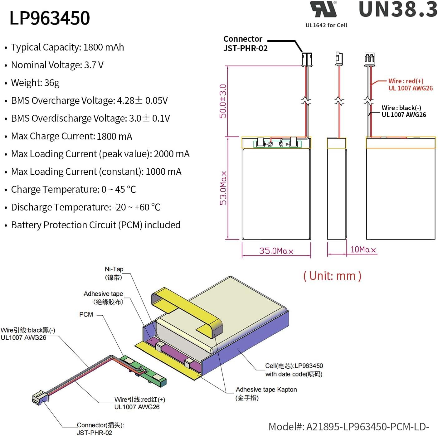 EEMB 3.7V 1800mAh Lithium Polymer Rechargeable Battery Pack