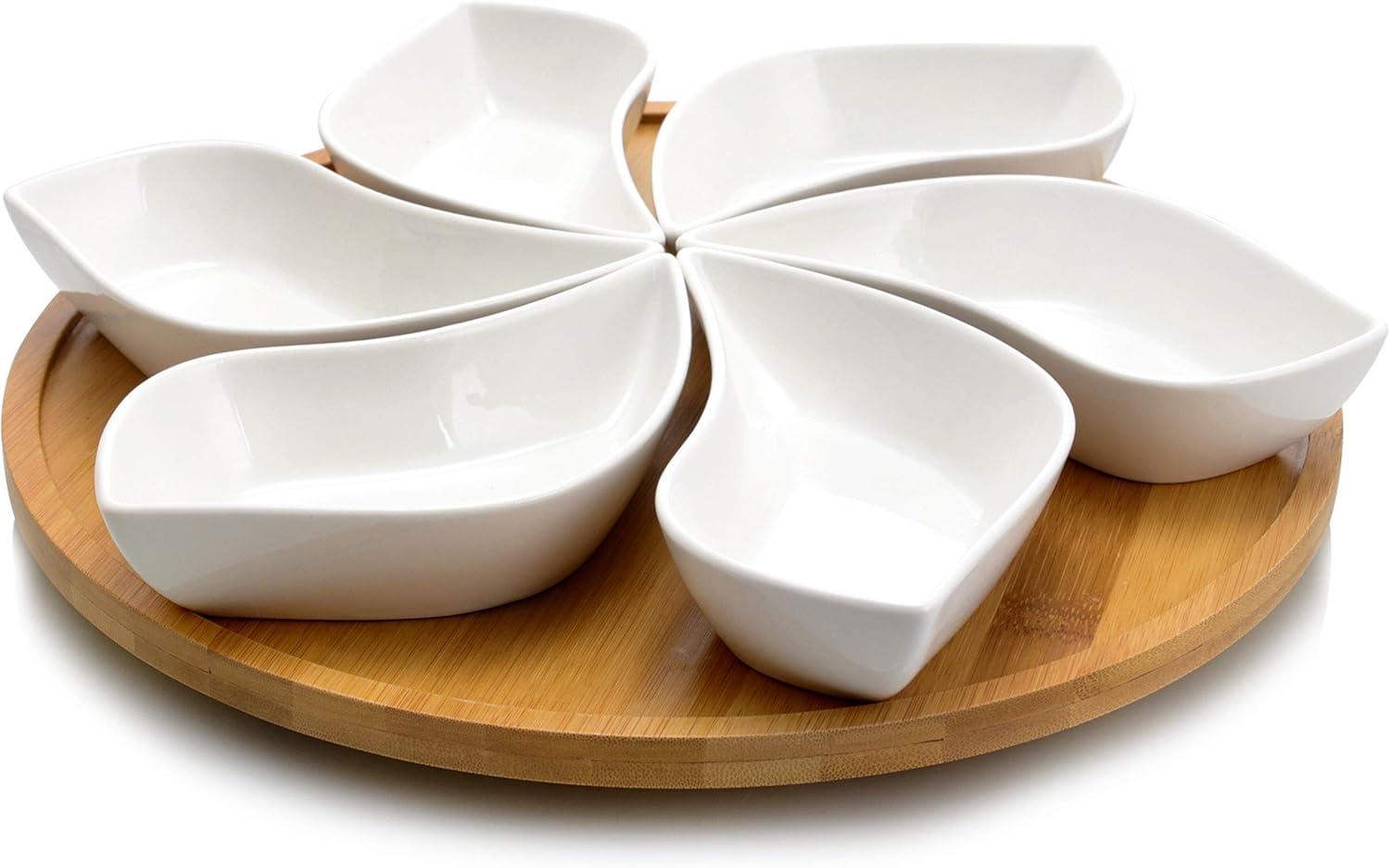 Elama Ceramic Stoneware Condiment Appetizer Set, 7 Piece, Wavy Round in White and Natural Bamboo