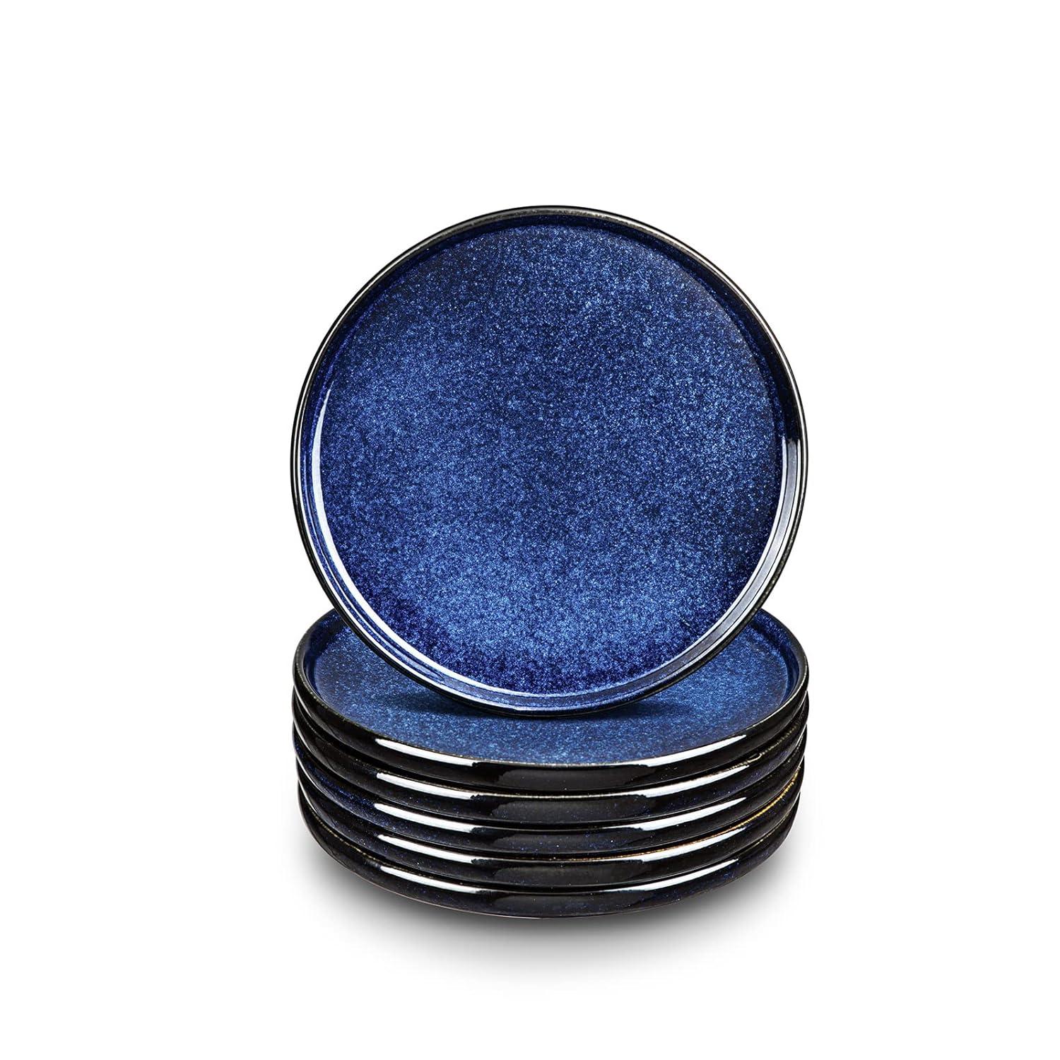 vicrays Juego de Platos de Ensalada de Cerámica - Plato de Snack de Postre Plano de Porcelana de 8 Pulgadas para el Almuerzo en Casa, Restaurante - Apto para Horno Microondas y Lavavajillas Resistente a Rayones - Juego de 6 (Azul)