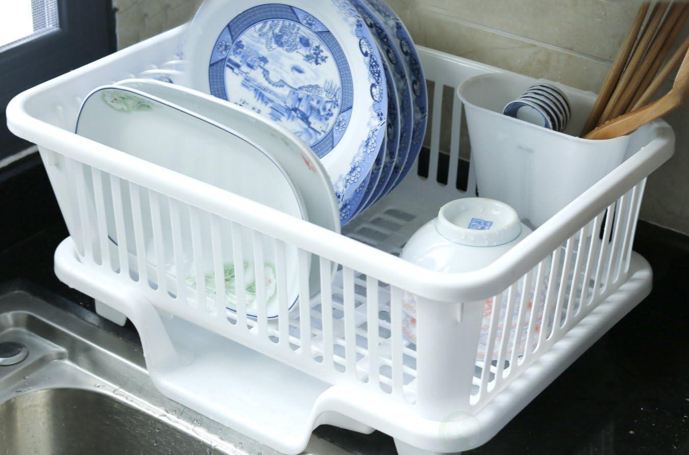Basicwise Heavy Duty 2-Piece Plastic Dish Drying Rack Set in White - Includes Large Dish Drainer, Attached Drainboard, and Utensil Cup Holders for Home Kitchen Countertop Organization