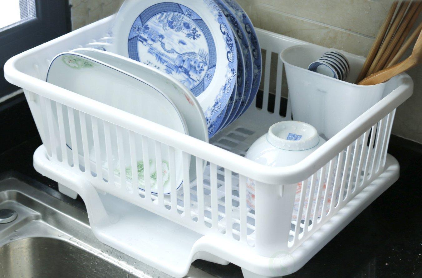 Basicwise Heavy Duty 2-Piece Plastic Dish Drying Rack Set in White - Includes Large Dish Drainer, Attached Drainboard, and Utensil Cup Holders for Home Kitchen Countertop Organization