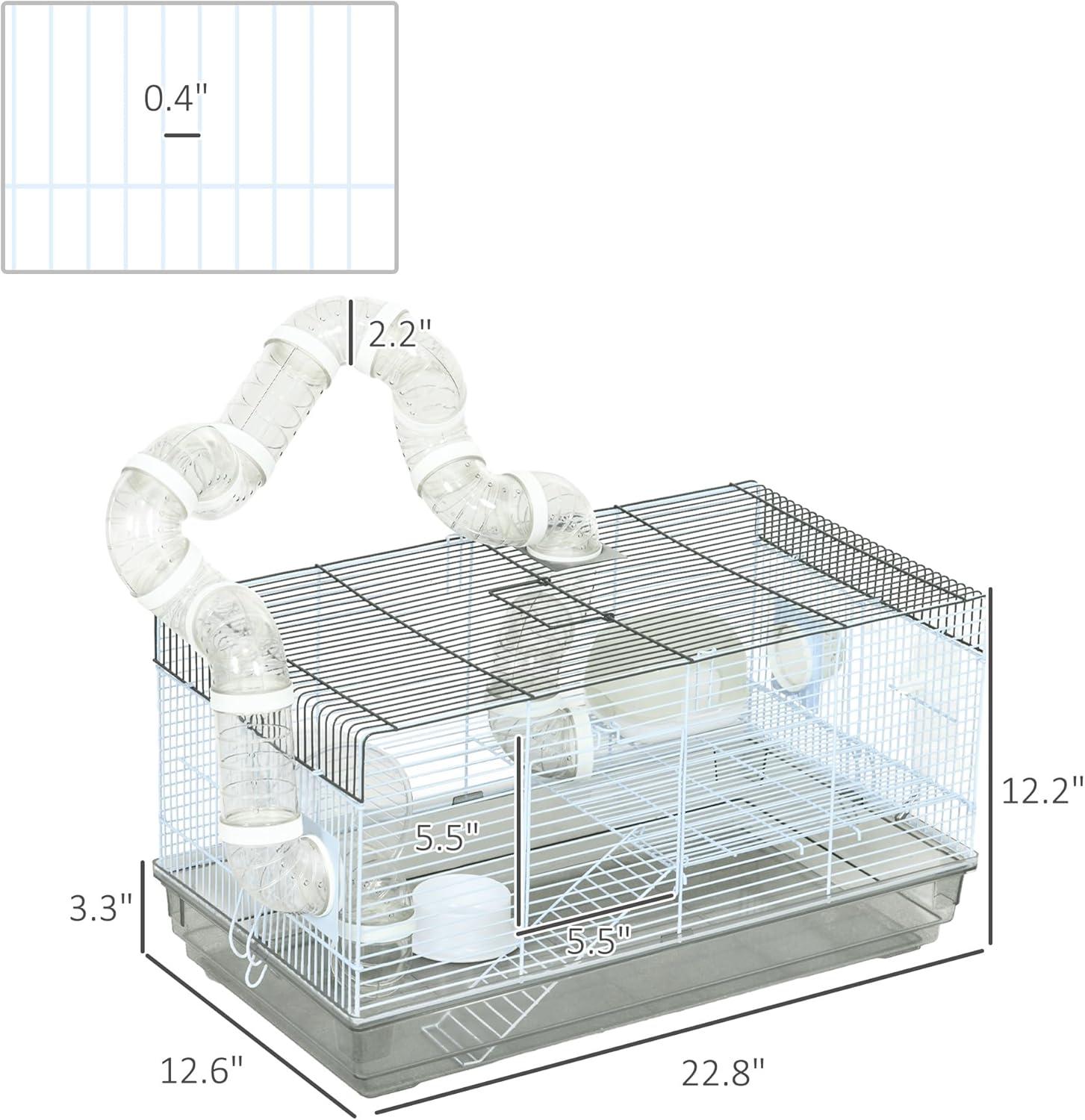 PawHut 2 Levels Hamster Cage for Gerbil or Dwarf Hamster with Tube Tunnels, Exercise Wheel, Food Dish, Water Bottle, Ramp, 23" x 13" x 12", Gray