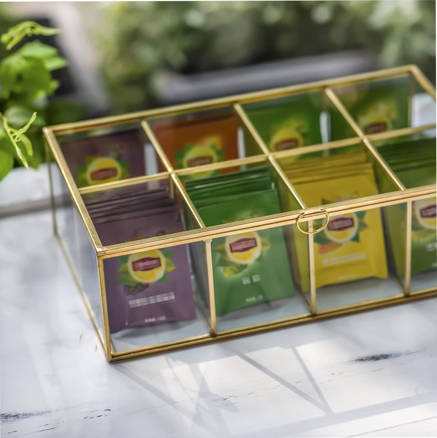 NCYP Glass Tea Bags Organizer, 12" x 7.1" x 3.7" Sugar Packets Storage Box - 8 Grids Compartments Jewelry Container, Indoor Counter Top Brass Display Case with Lid, Gold Decor (Glass Box Only)