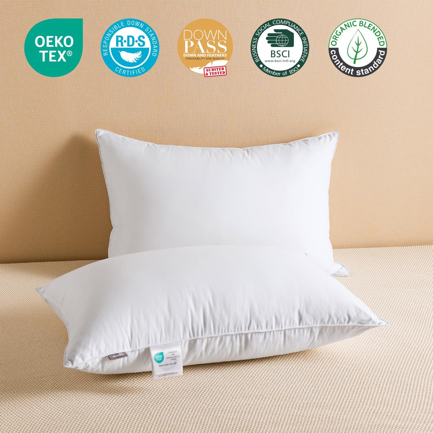 Peace Nest Set of 2 Goose Down Feather Oval Gusseted Bed Pillows with 100% Cotton Cover - White Queen