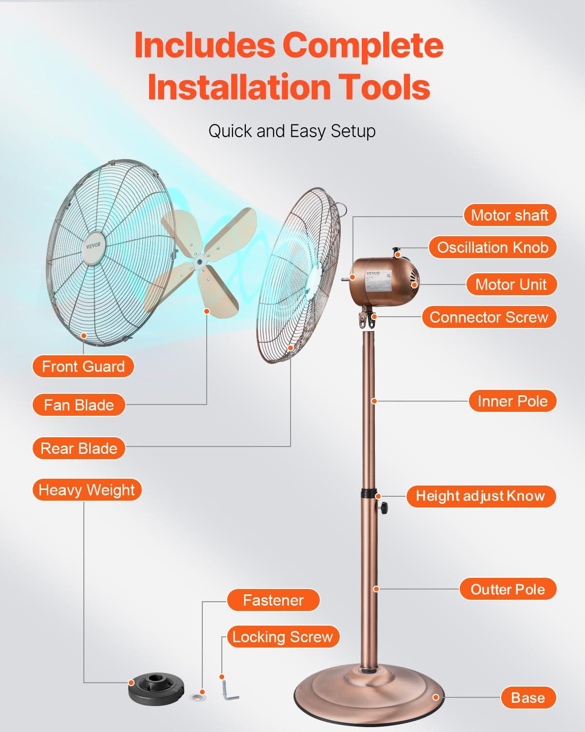 Vevor GYLSFS16INCH0LFIYV1 16 in. 3-Speed Industrial Pedestal Fan Oscillating Height Adjustable - Silver