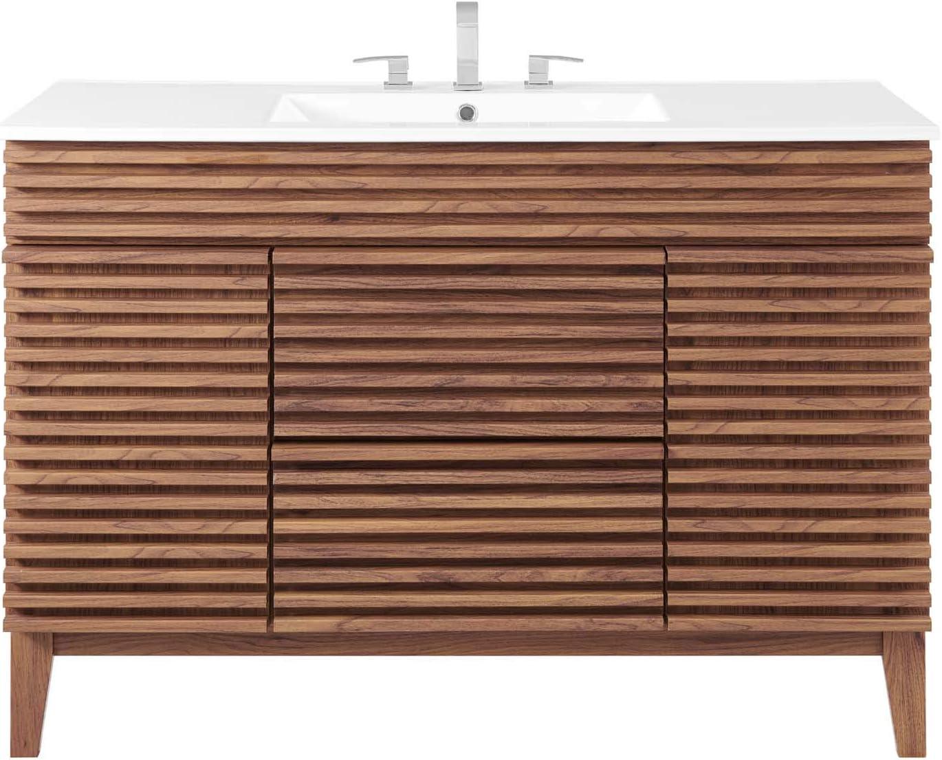 Modway Render 48" Modern Plastic Single Sink Bathroom Vanity in Walnut/White