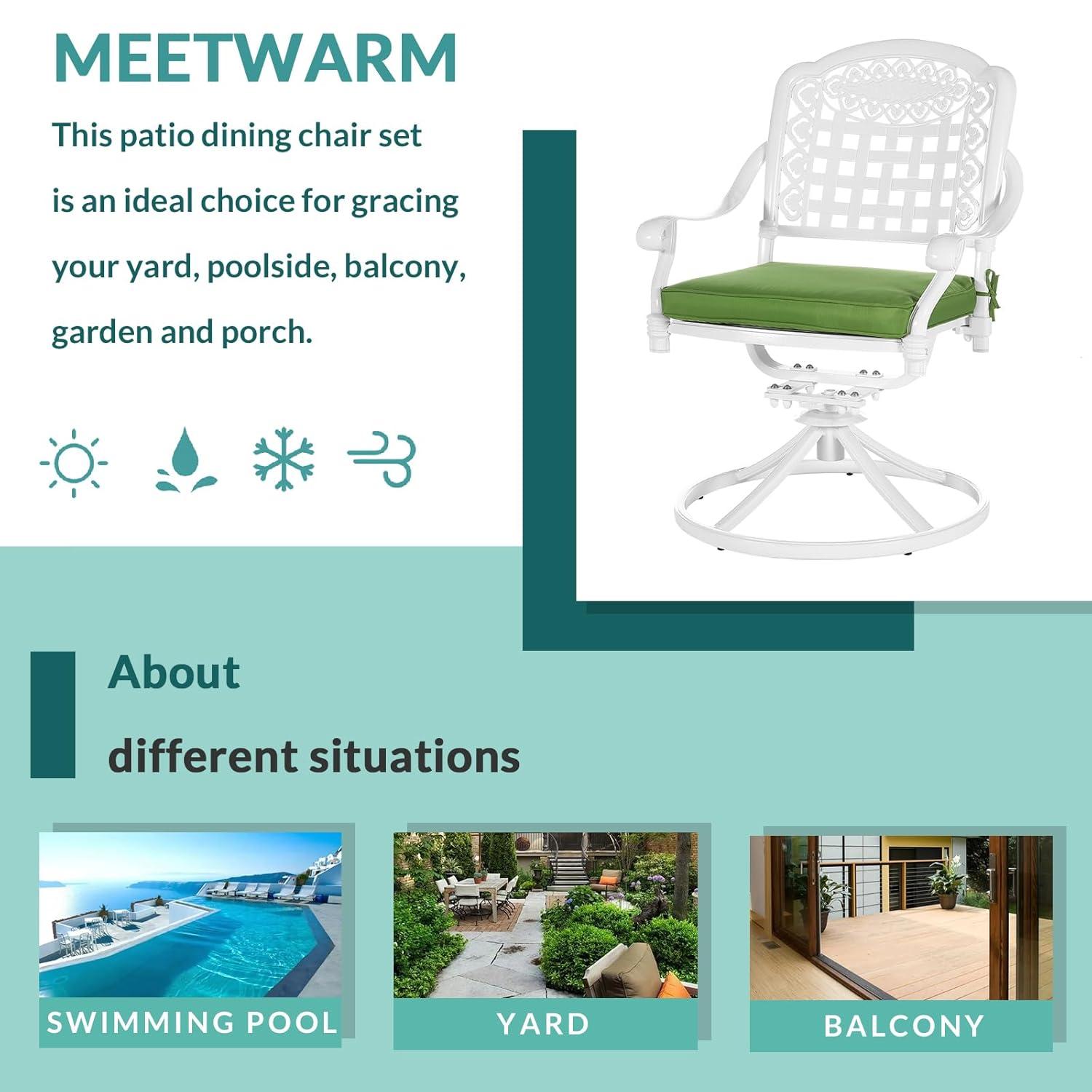 VIVIJASON Vivijason Patio Swivel Dining Chairs Set Of 2, All Weather Cast Aluminum Outdoor Dining Rocker Chairs, Patio Furniture Chair Set With Cushion For Balcony, Lawn, Garden, Backyard, White/green Cushion