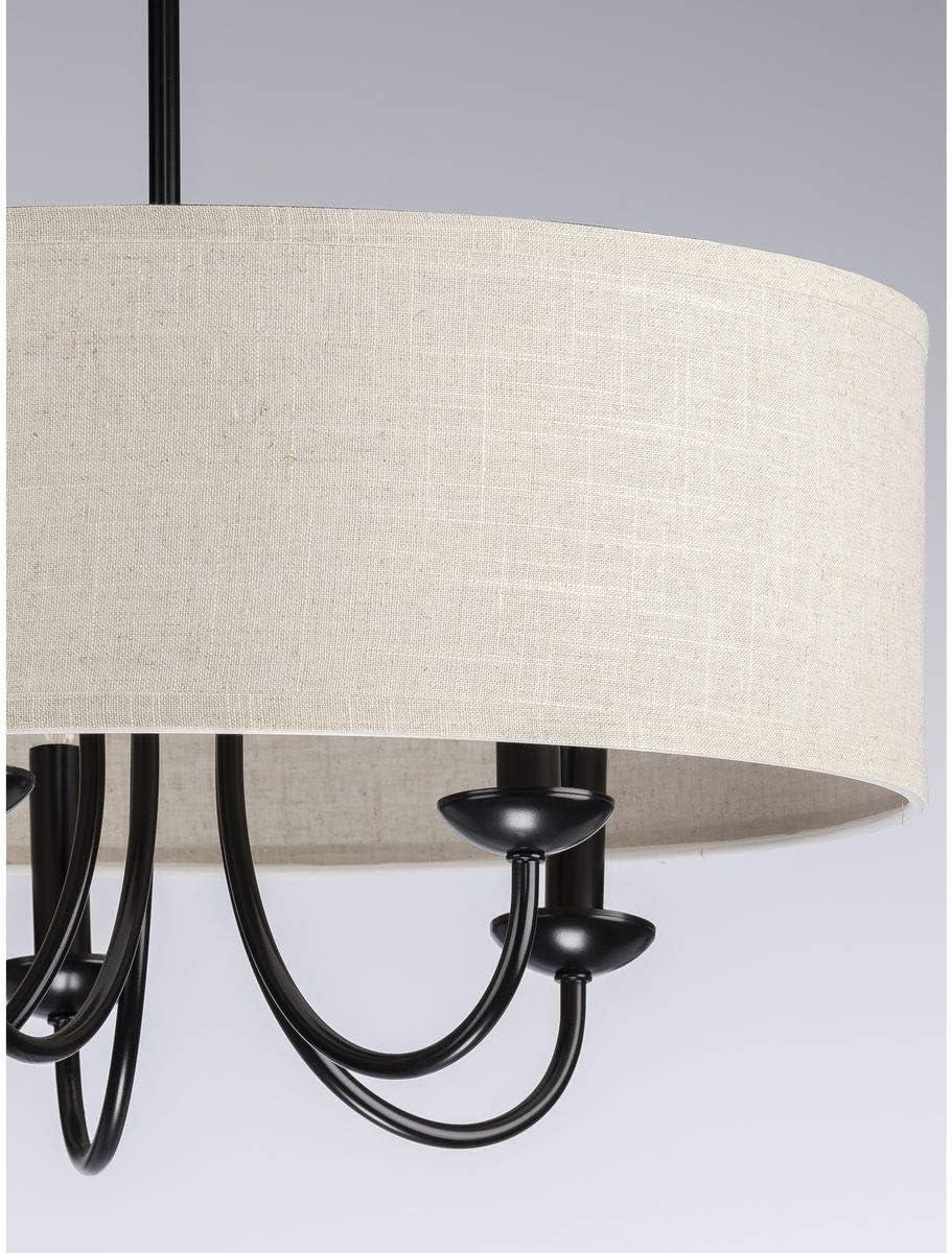 Progress Lighting, Drum Shade Collection, 5-Light Pendant, Black Finish, Harvest Linen Shade