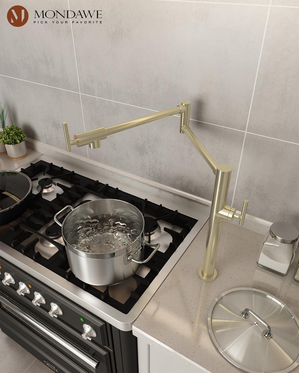 Pot Filler Faucet Wall Mount Kitchen Sink Faucet Stove Pot Filling Faucet with Double Joint Swing Arms Folding Faucet, Solid Brass Material, Lead-Free, Single Hole, Brushed Gold