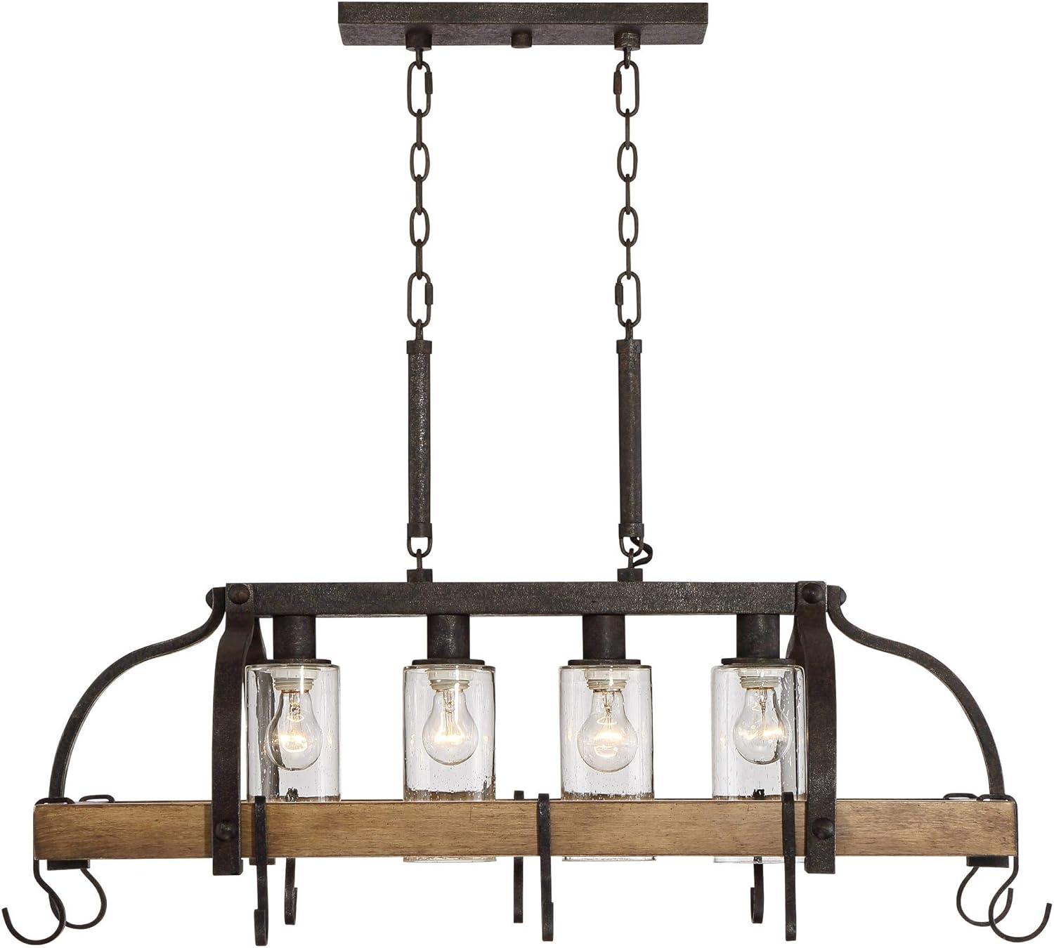 Eldridge Bronze and Wood Pot Rack Chandelier with Seeded Glass