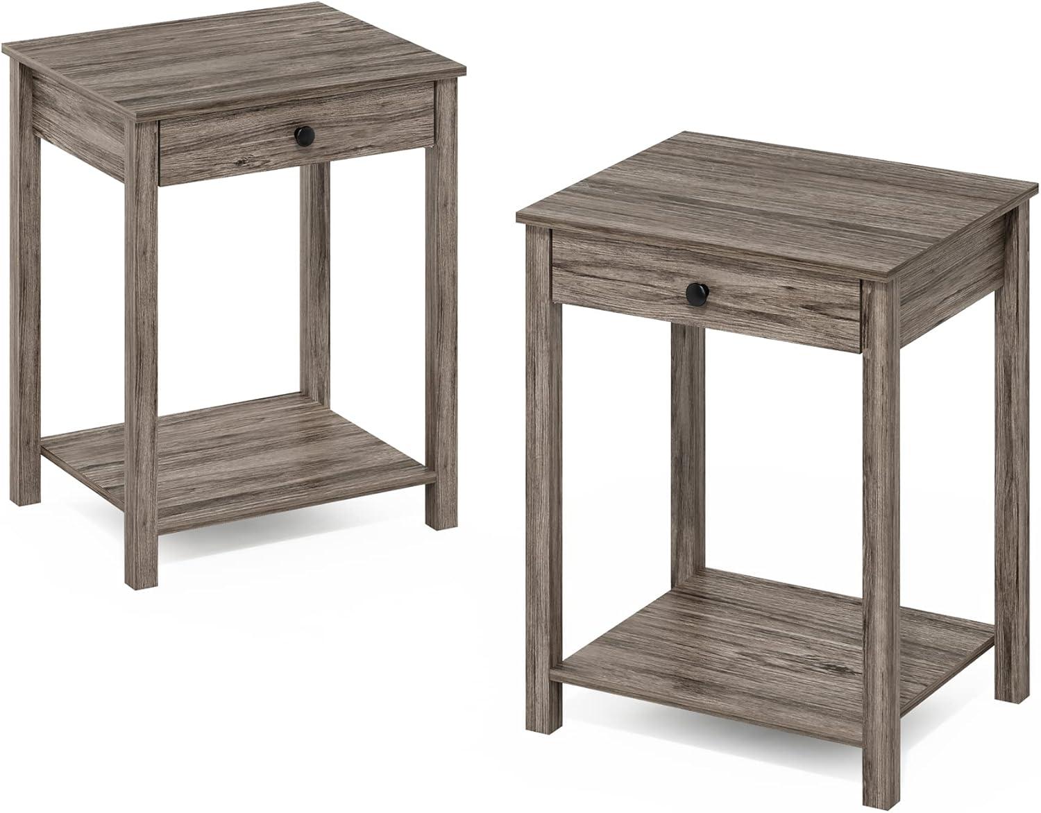 Rustic Oak Rectangular Wood End Table with Storage, Set of 2