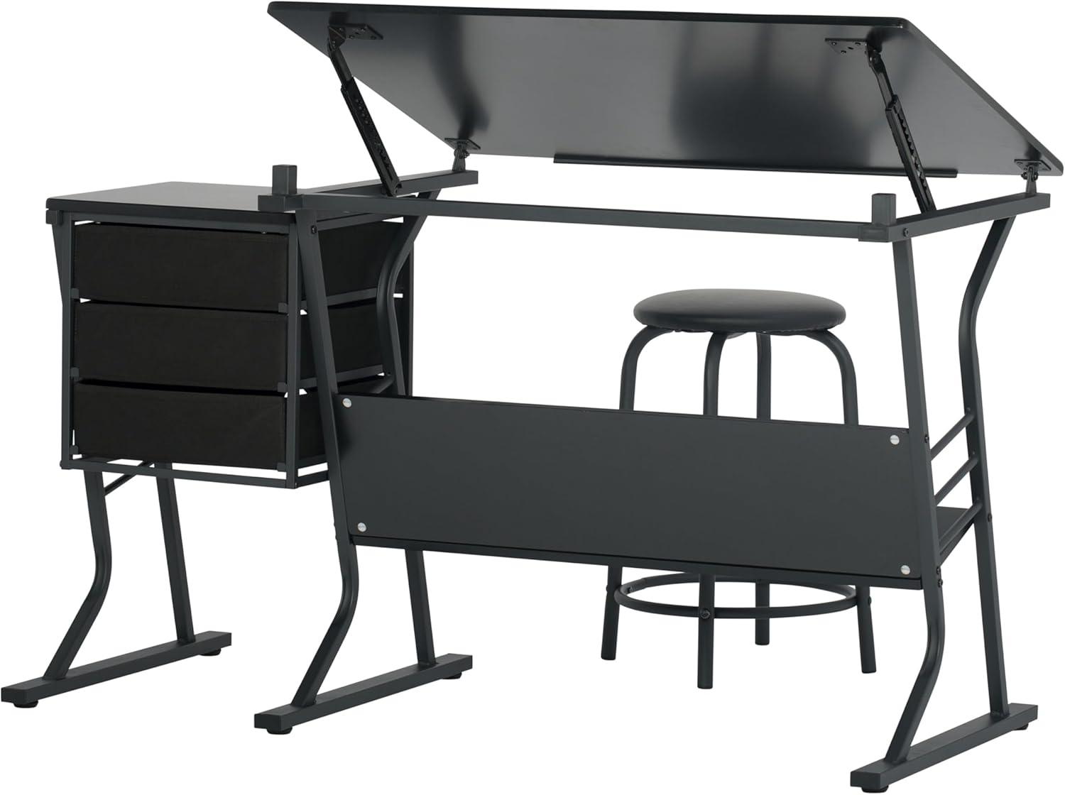 Studio Designs Home 2pc Eclipse Ultra Center/Drawing Table with Angle Adjustable Top, Storage Shelf, and Drawers with Padded Stool Set Black