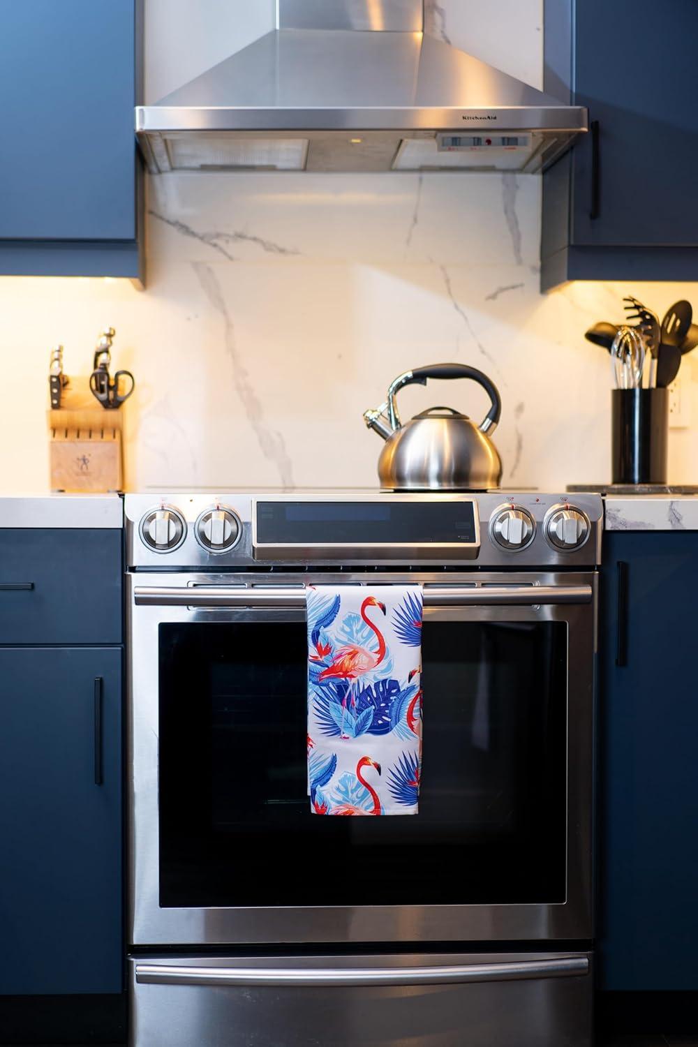 Oldehall Multicolor Variety Pack of Four - Vibrant and Colorful Flamingo Kitchen Towels/Flamingo Tea Towels for Daily Use & Home Decoration Original, Blue, Yellow & Red Designs C42