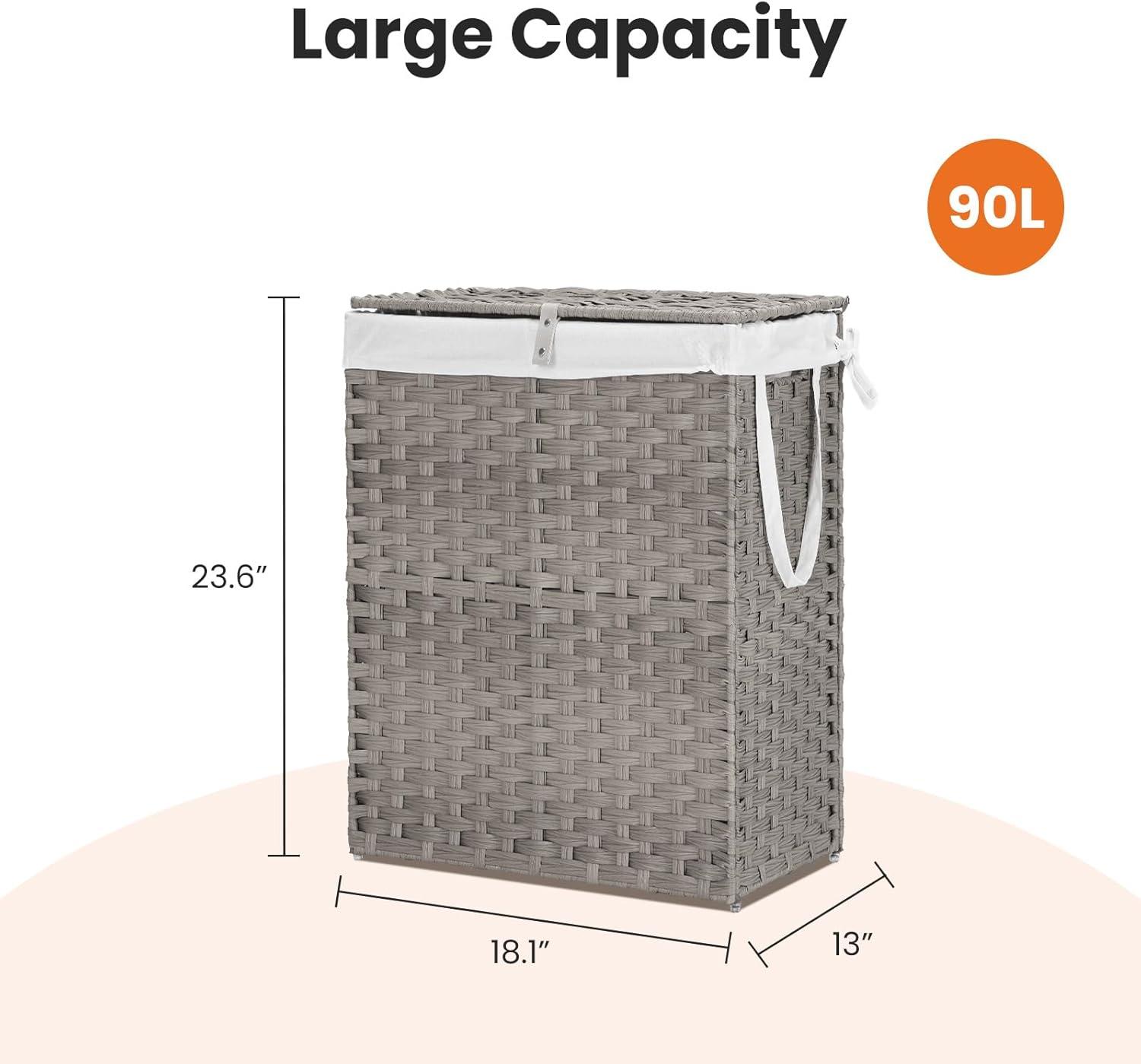 ZUNMOS Laundry Hamper, No Installation Required, with Removable Liner, 90 Liter Hand-Woven Synthetic Rattan Laundry Hamper with Lid and Handle, Collapsible, Gray