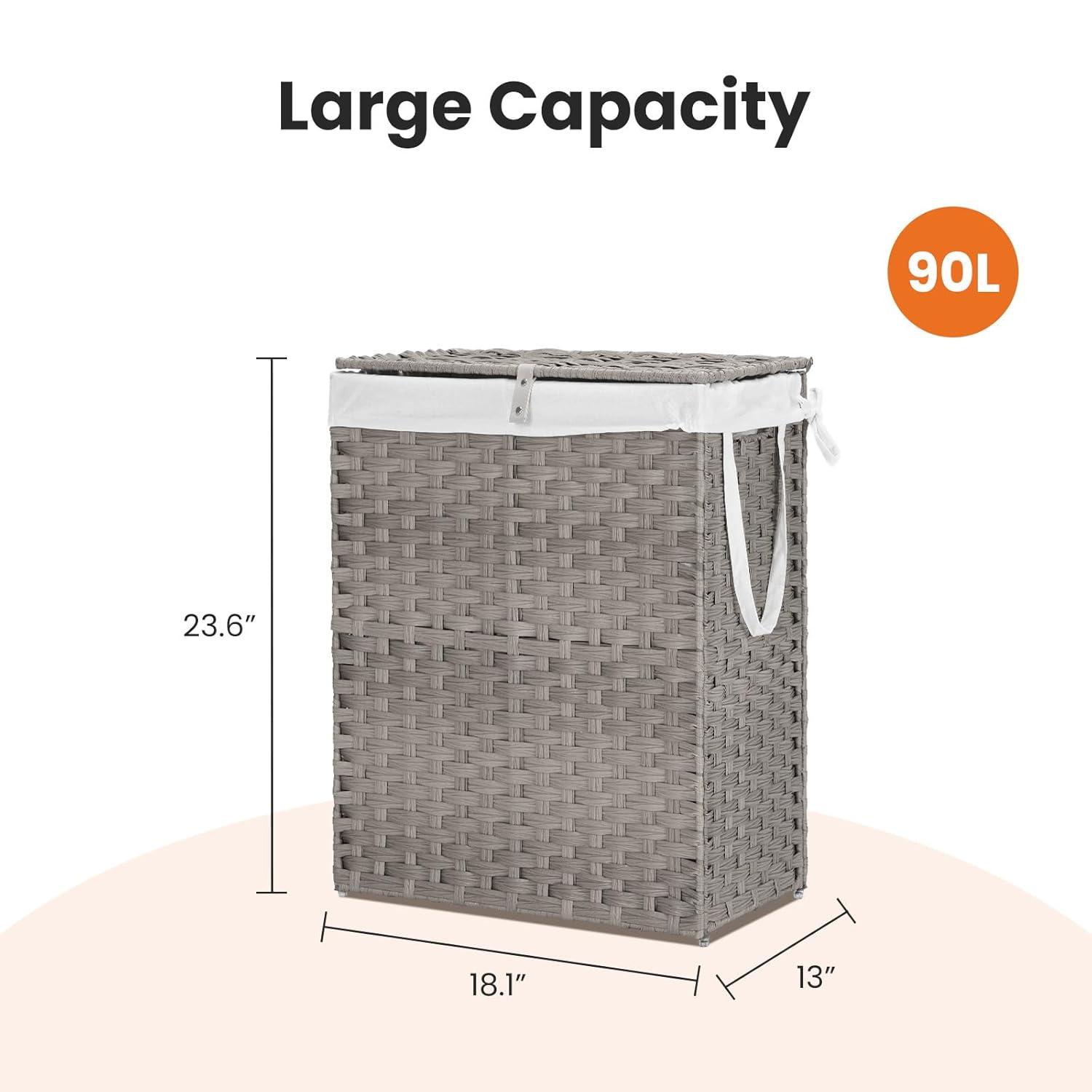 ZUNMOS Laundry Hamper, No Installation Required, with Removable Liner, 90 Liter Hand-Woven Synthetic Rattan Laundry Hamper with Lid and Handle, Collapsible, Gray