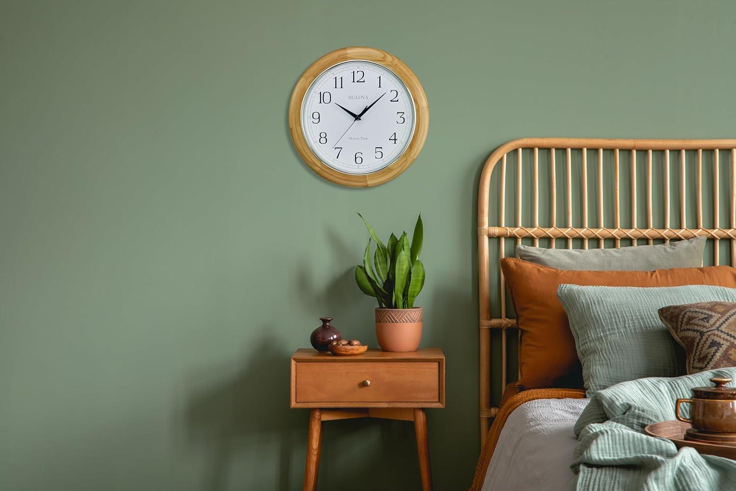 Bulova Wooden Atomic analog wall clock, C5005 Atomic Time 2, sets automatically, quartz battery.