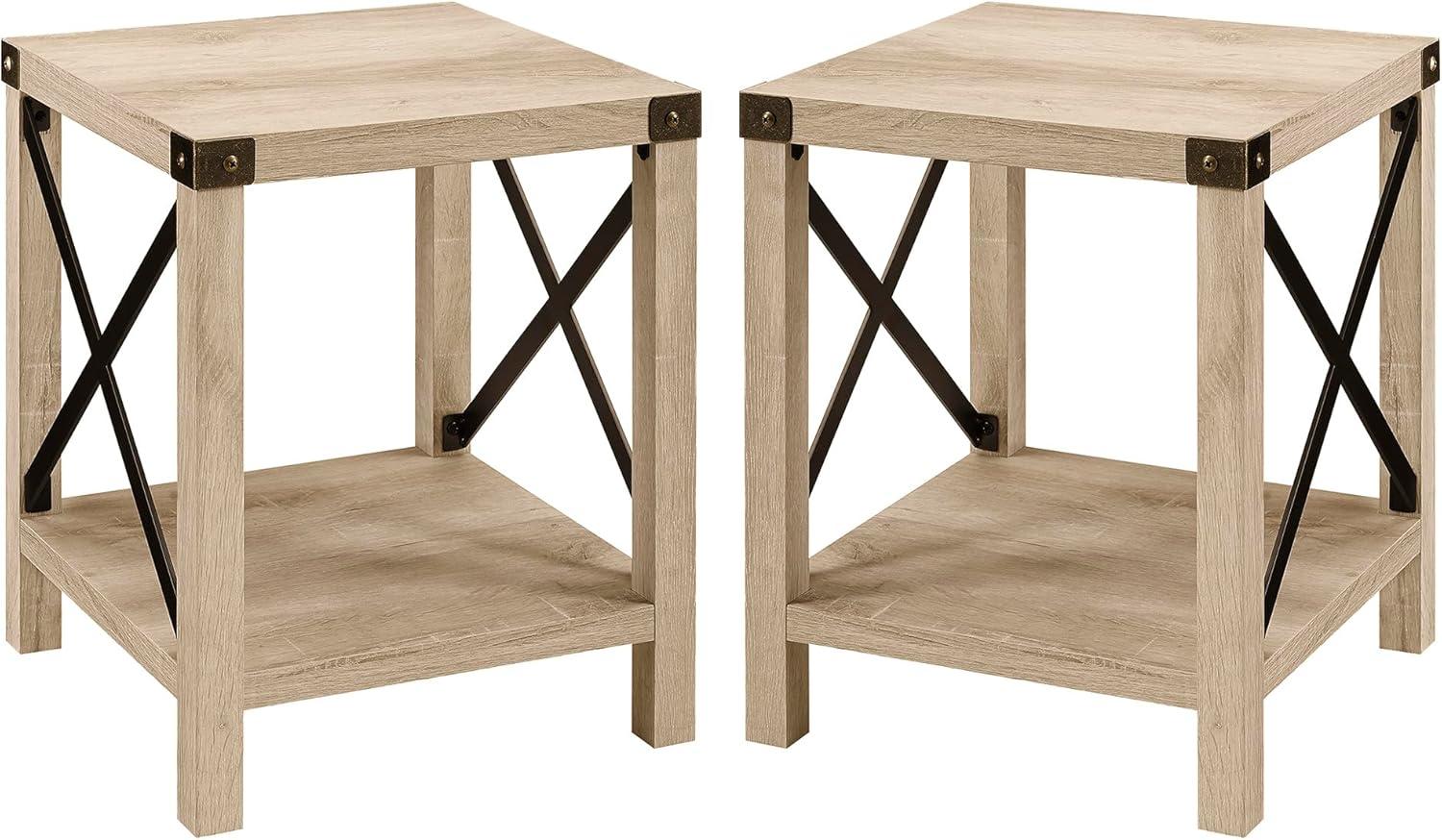 Farmhouse Metal-X End Tables with Lower Shelf in Gray Wash (Set of 2)