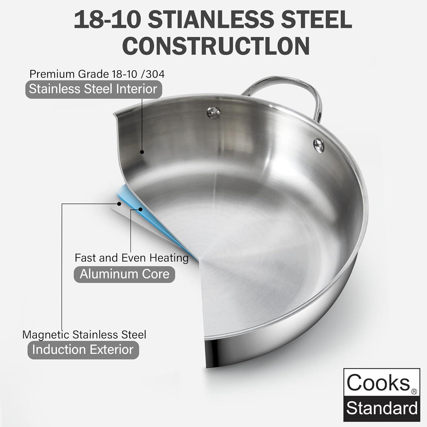 Cooks Standard Wok Stir Fry Pan with Glass Lid, Classic Stainless Steel 12-Inch/30cm Everyday Chef's Pan, Silver