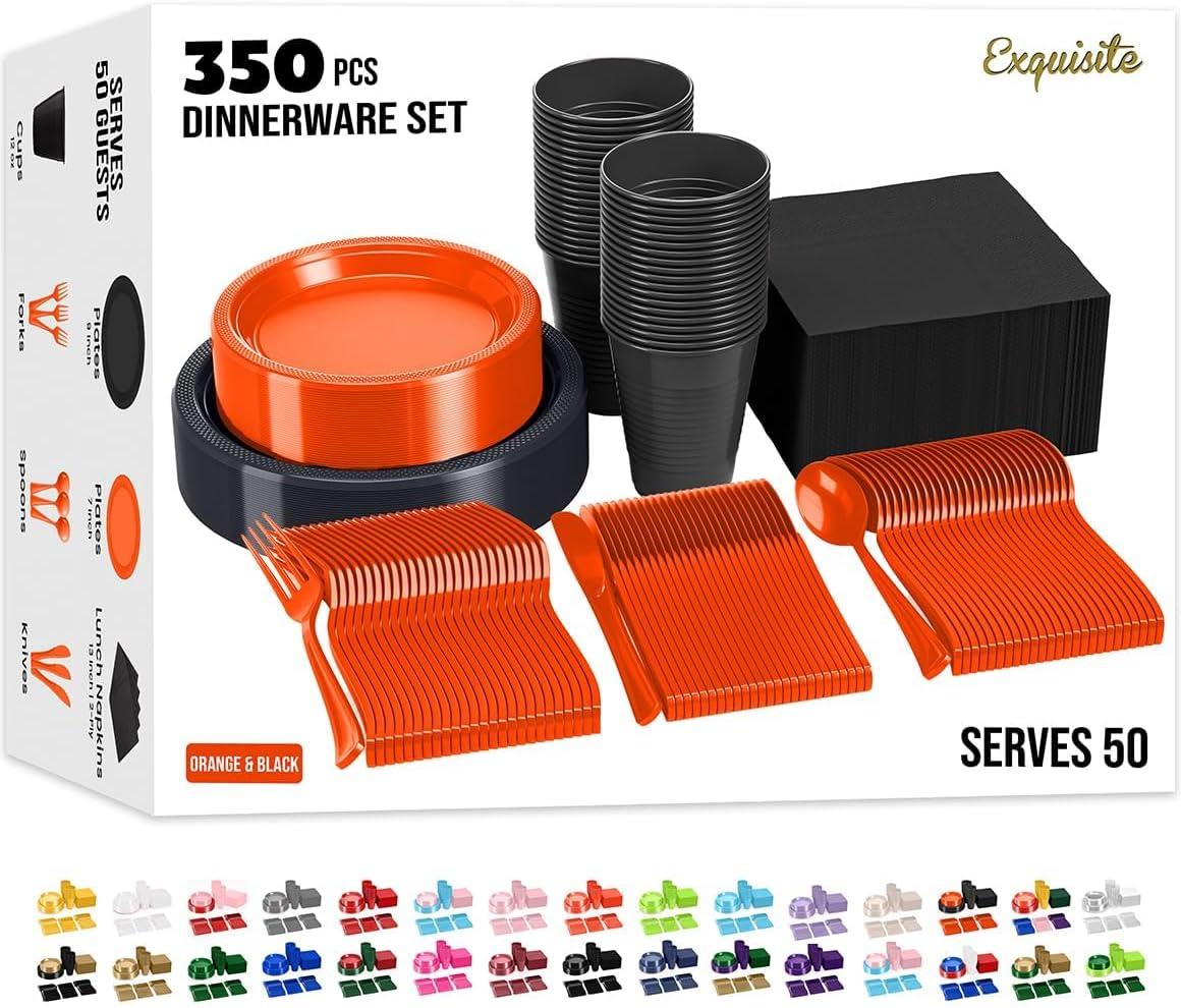 Crown Display 350 Piece Black and Orange Halloween Disposable Plastic Dinnerware party set- Serves 50