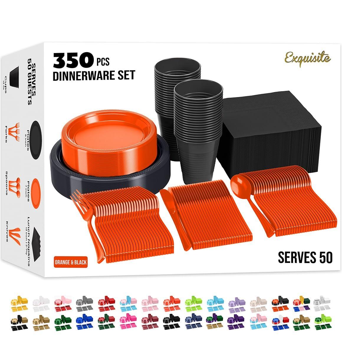 Crown Display 350 Piece Black and Orange Halloween Disposable Plastic Dinnerware party set- Serves 50
