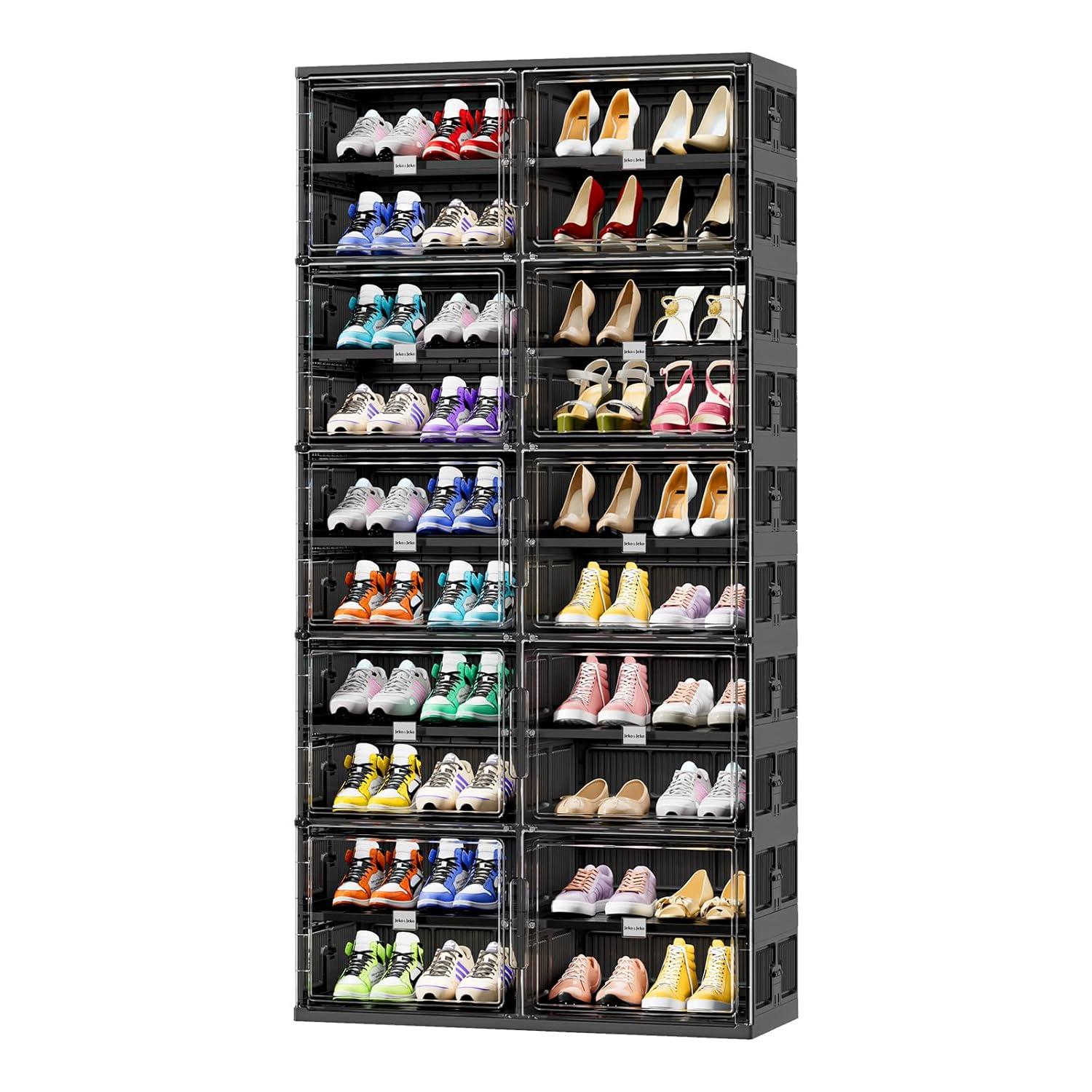 Rebrilliant 10 Tiers 40 Pairs Foldable Shoe Rack Organizer Fits Size 12, Large Shoe Cabinet With Magnetic Doors