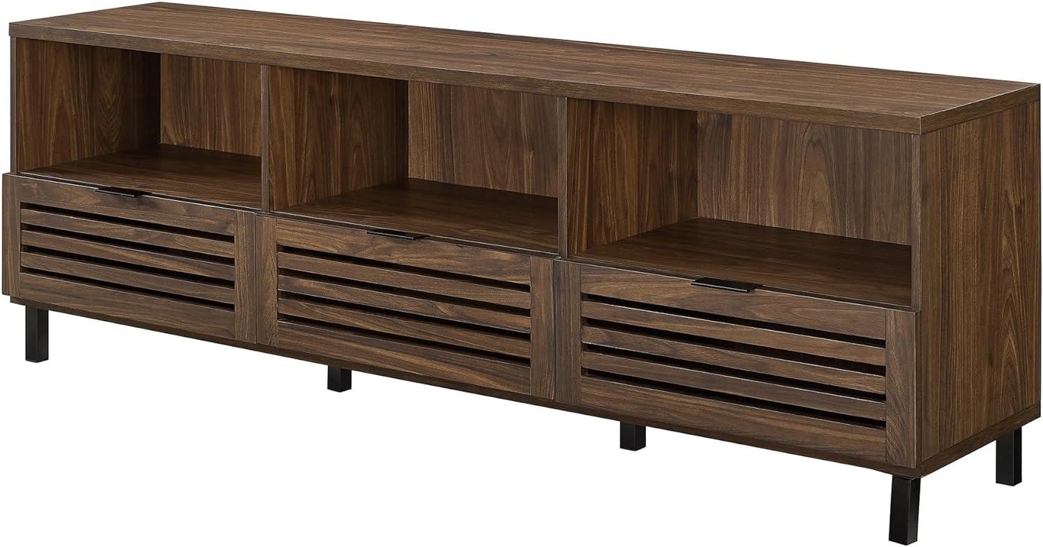 70-Inch Dark Walnut Slatted Wood TV Stand with Cabinets