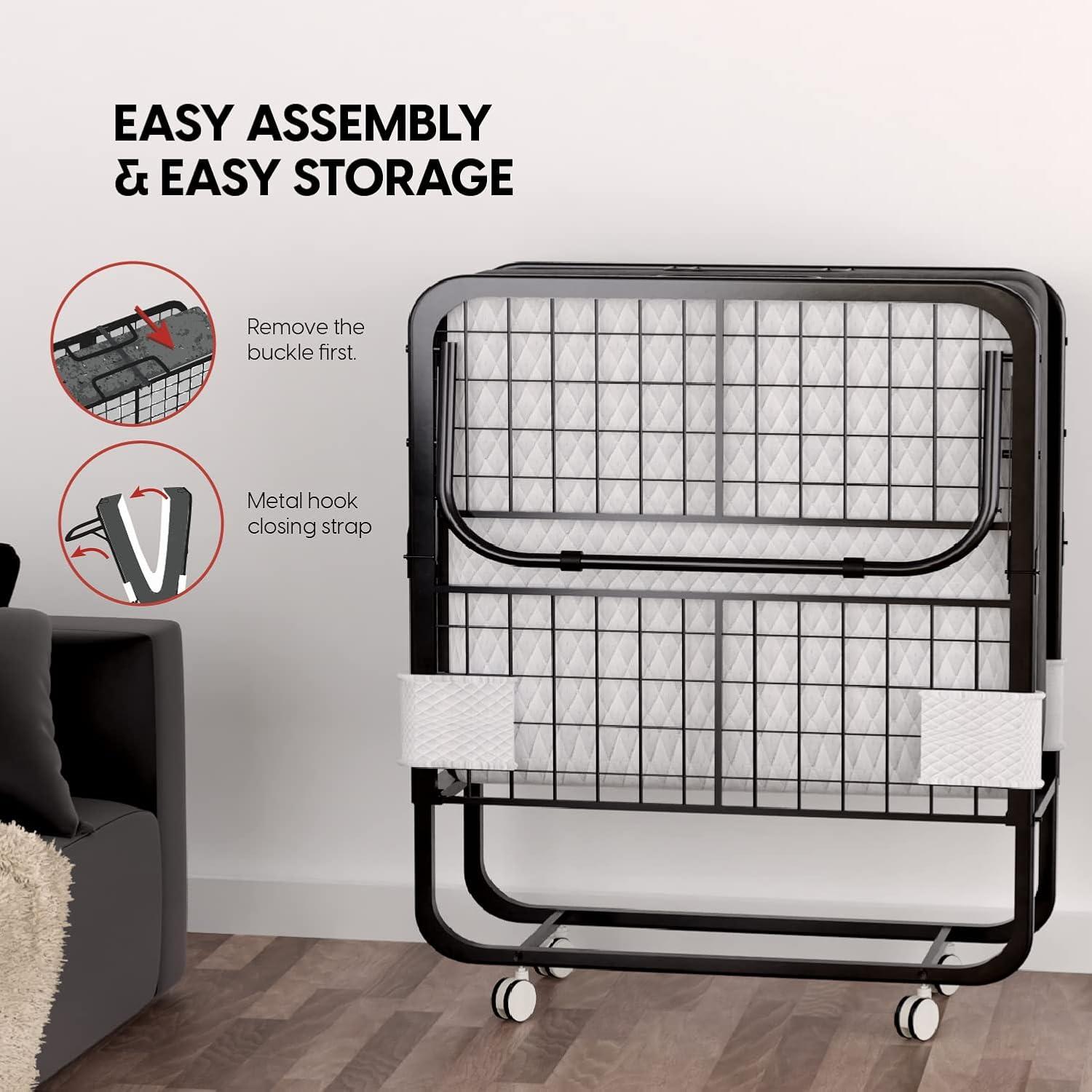 EconoHome Folding Bed with Mattress - 75x31 Cot Size Bed Frame - Portable Foldable Roll Away Adult Bed for Guest - 5-inch Thick Memory Foam Cot Mattress - Space Saving Fold Up Bed for Easy Storage